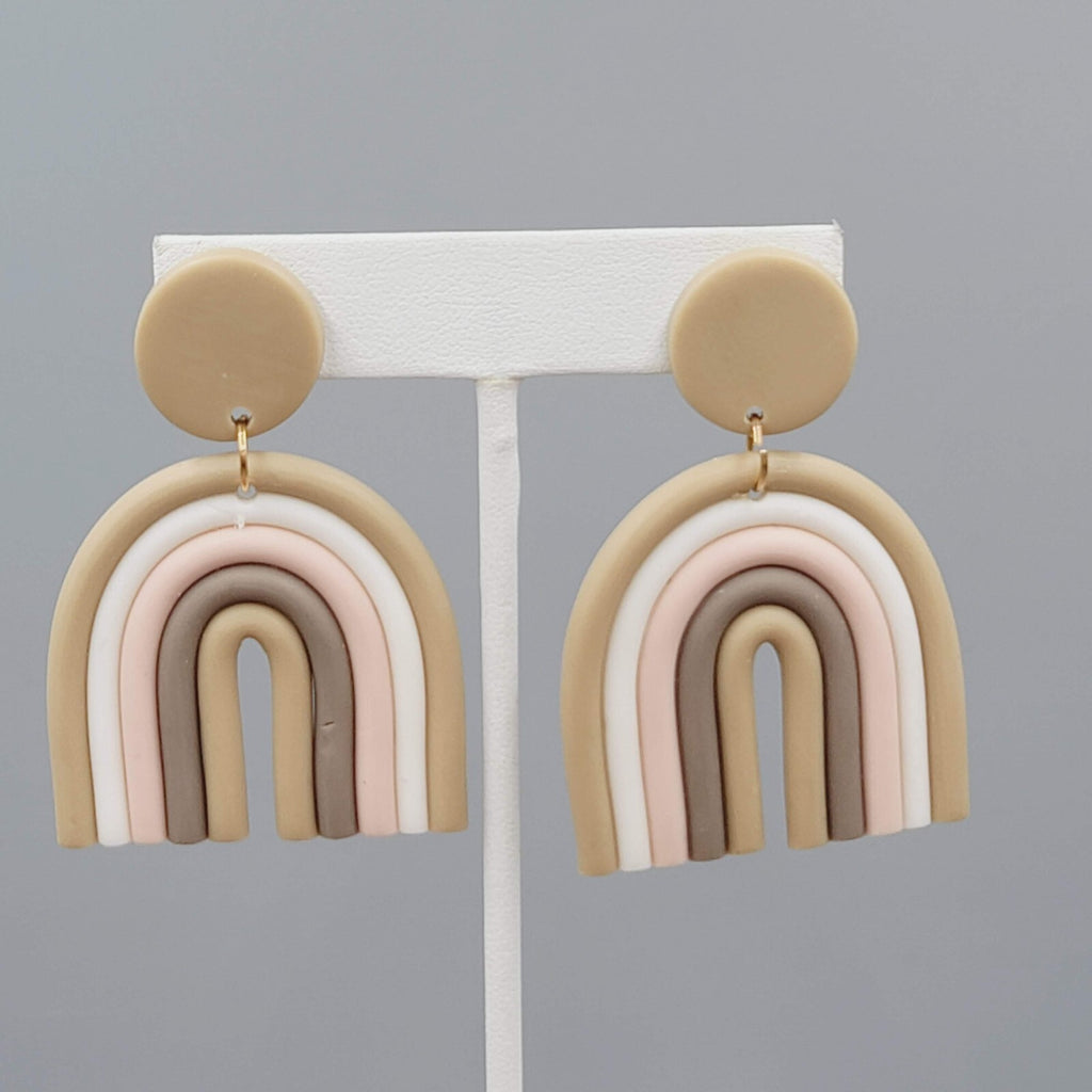 Polymer Clay Statement Pierced Earrings Tan White Pink Dangle 2.25"