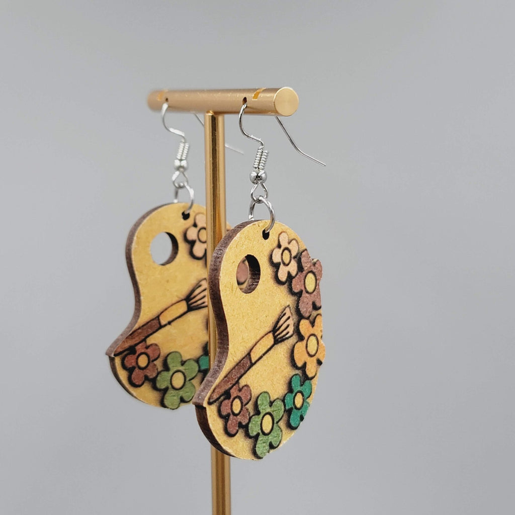 Artist Palette Pierced Earrings Wood Flowers Dangle Silver tone  1.75"