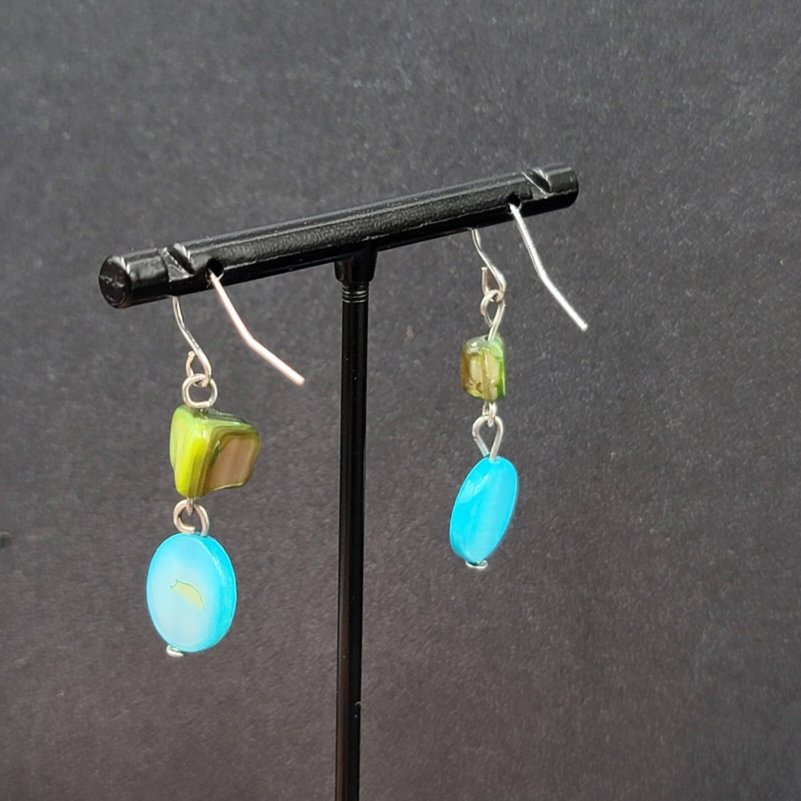 Pierced Earrings Green Blue Shell Bead Dangle Silver tone Hooks 1"