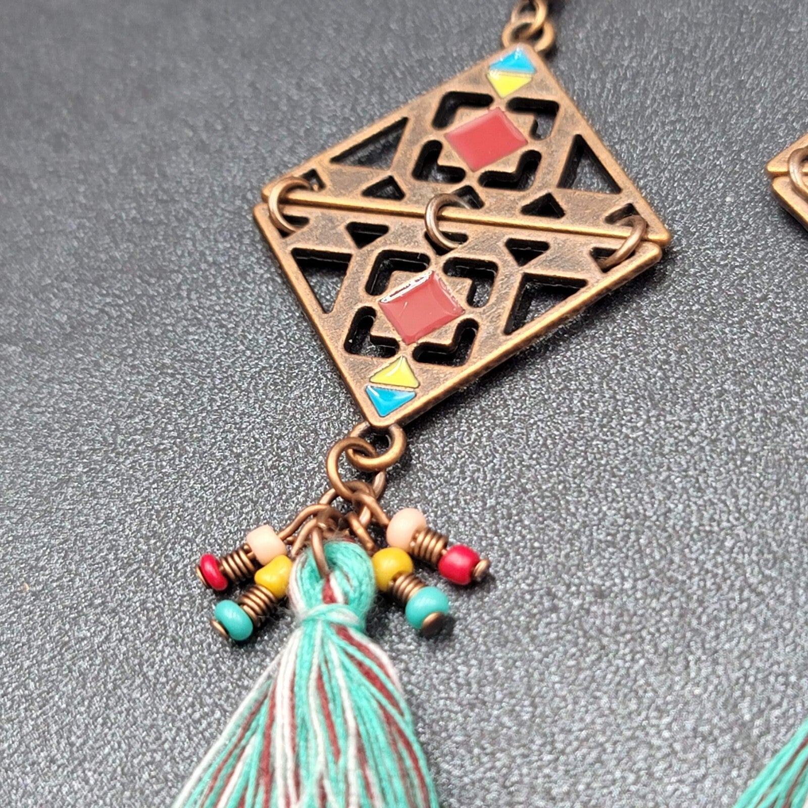 New Boho Pierced Earrings Copper tone Enamel Blue Tassel Long 3"