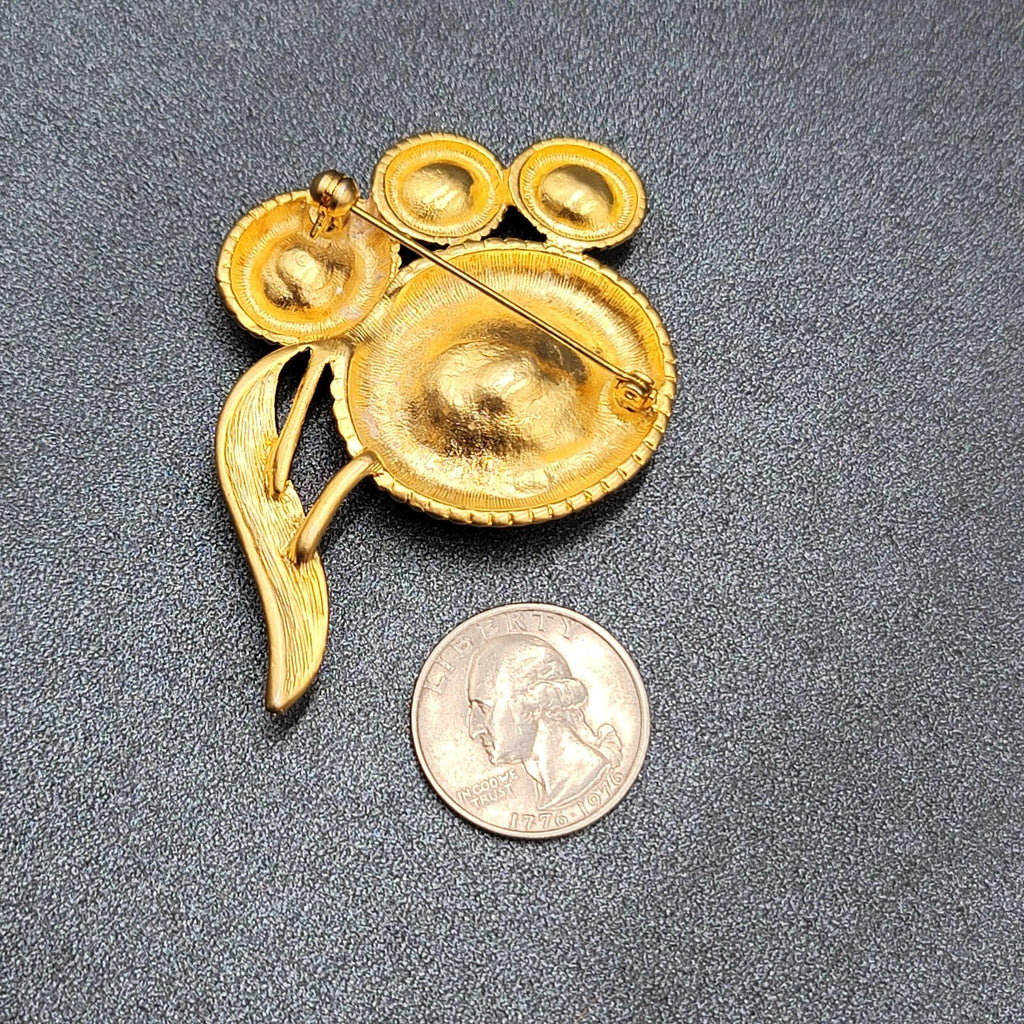Vintage Brooch Matte Gold Plated Faux Pearl Flower 2.75"