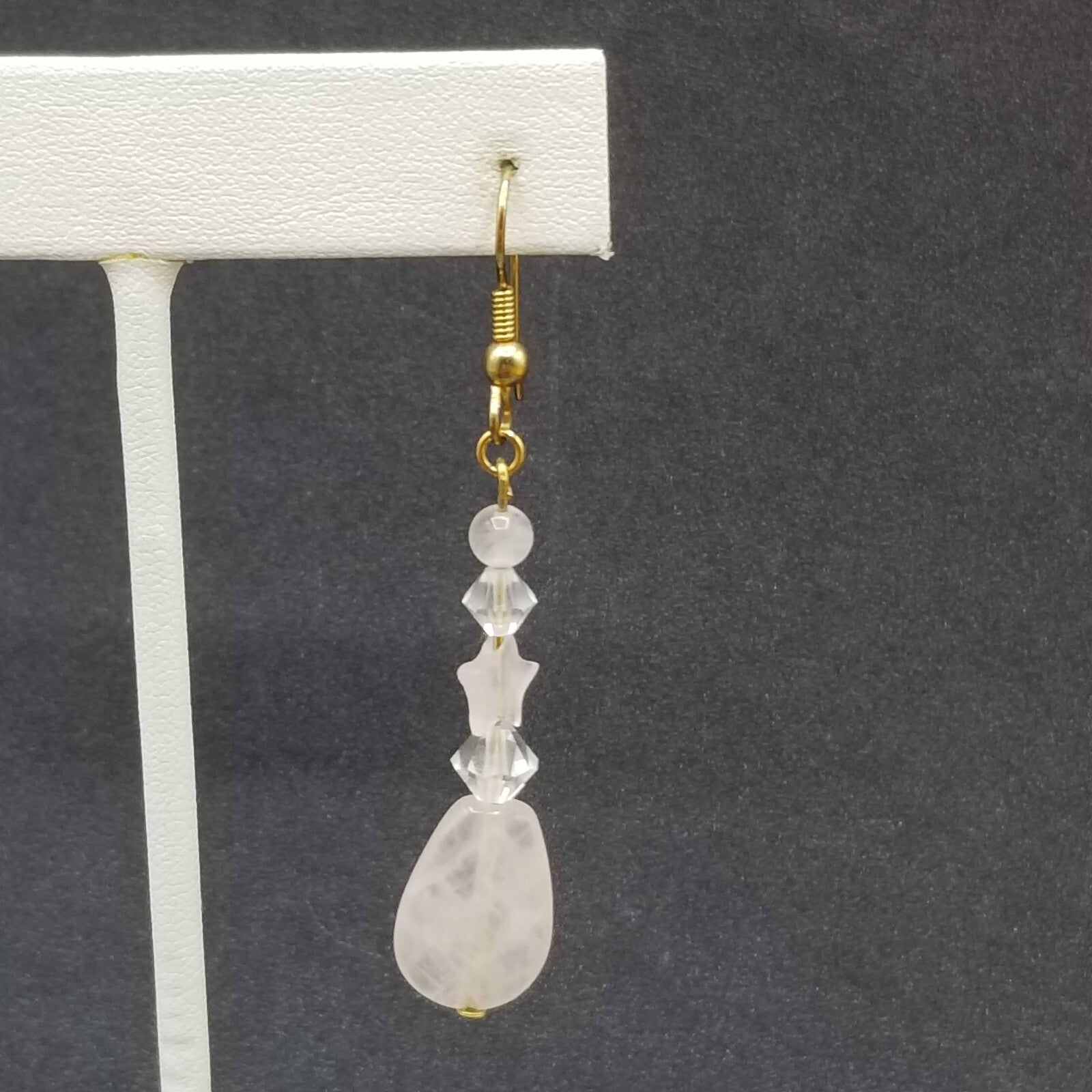 Pierced Earrings Gold tone Crystal Rose Quartz Teardrop Beaded Dangle 1 1/2"