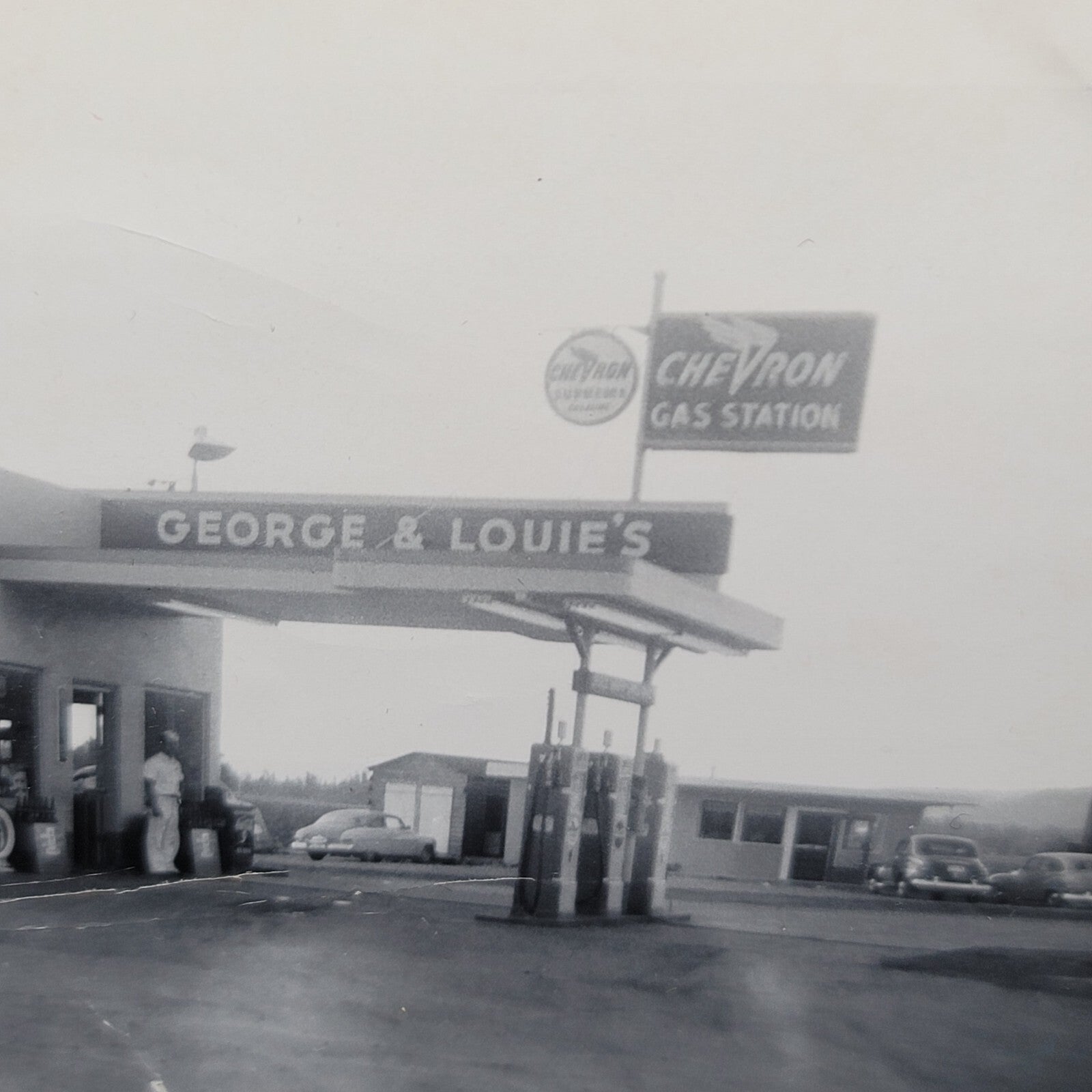 Vintage Photo Chevron Gas Station Garage 1952 Black & White OOAK 5" x 3.5"