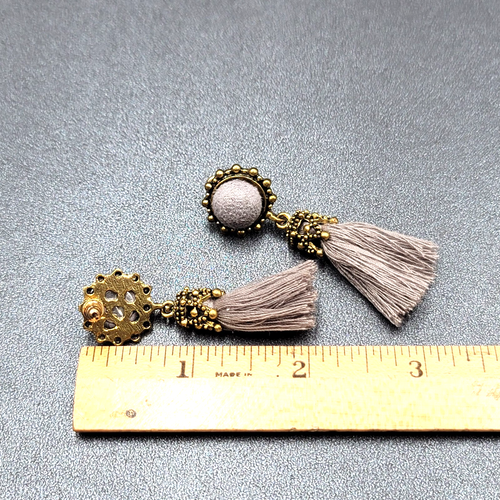 Boho Pierced Earrings Antiqued Gold tone Gray String Tassel 2"