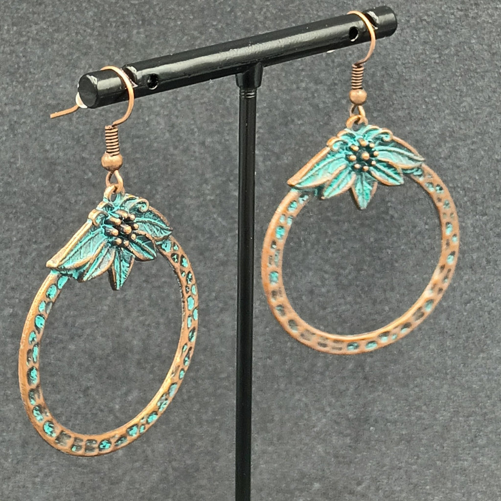 Pierced Earrings Copper tone Green Enamel Flower Open Disc Dangle Boho 1 5/8"