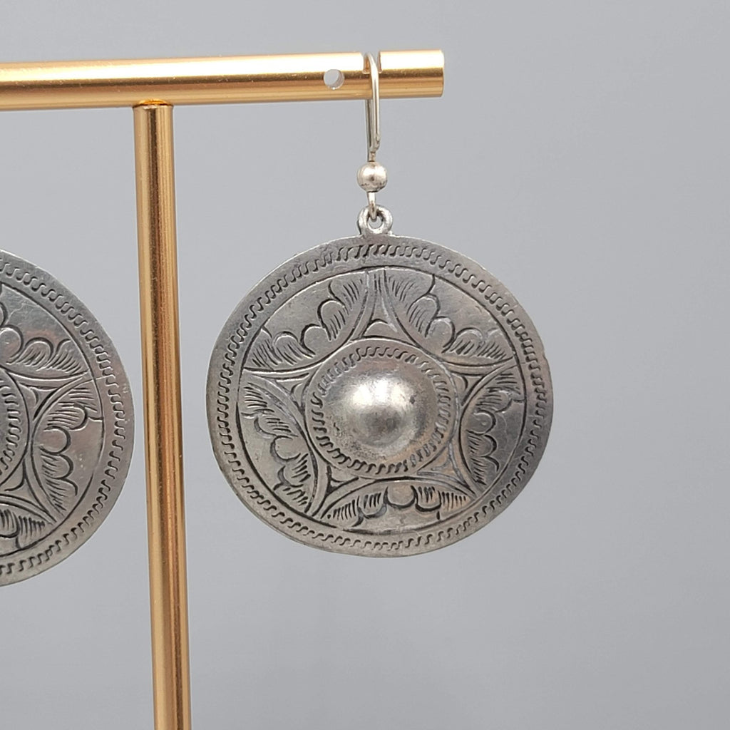 Mexico Engraved Silver tone Dangle Pierced Earrings Round 1.5"