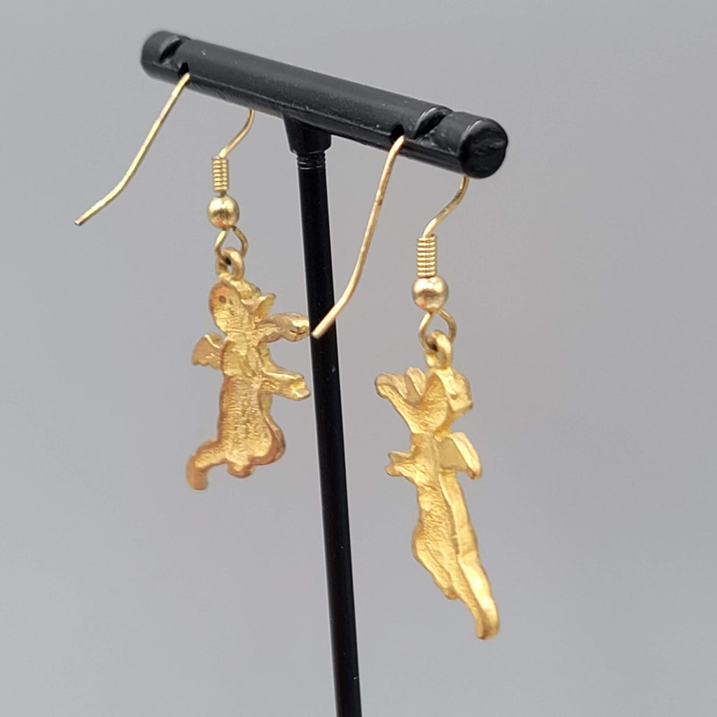 Vintage Cupid Cherub Angel Pierced Earrings Gold tone Dangle 1"