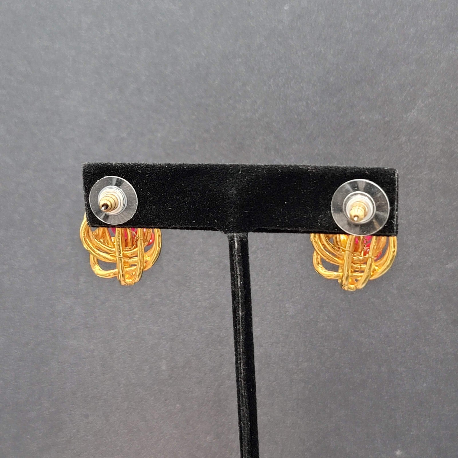 Pierced Earrings Gold Plated Pink Yellow Beaded Artistic Drop 1"