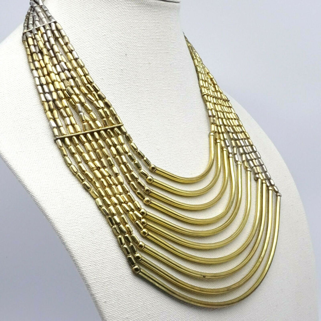 Large Multi Strand Statemet Necklace 18" Two-toned Gold & Silver Metal Beads