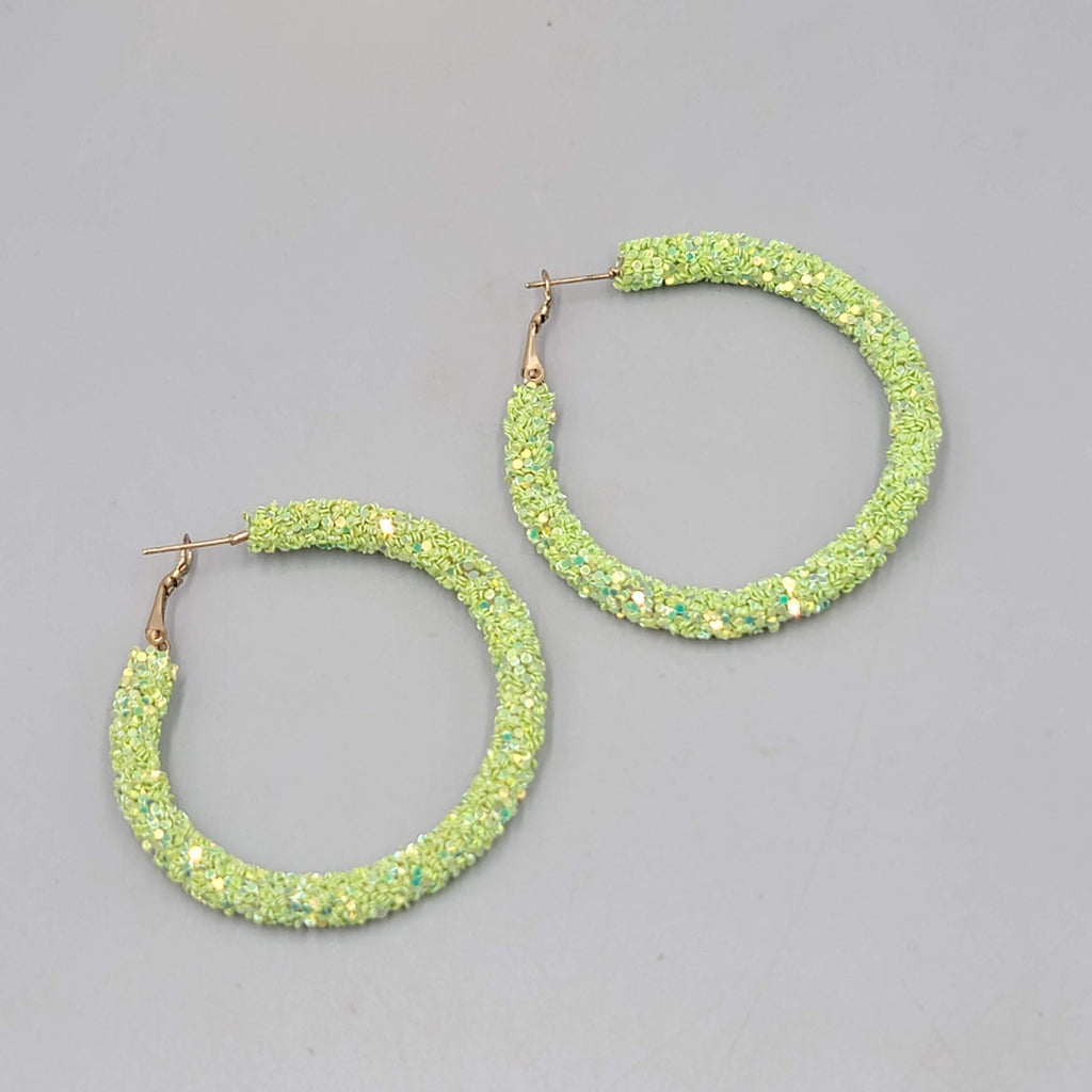 Neon Green Confetti Hoops Pierced Earrings Gold tone Large 