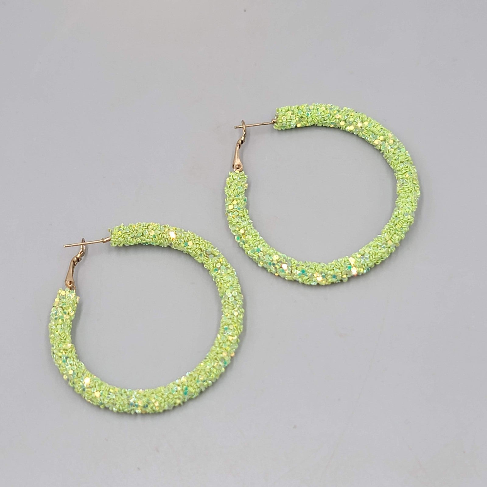 Neon Green Confetti Hoops Pierced Earrings Gold tone Large 