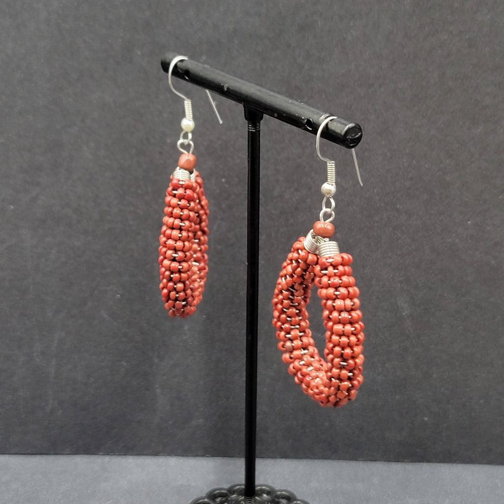 Pierced Earrings Brown Seed Bead Teardrop Hoops Dangle Silver tone 1.5"