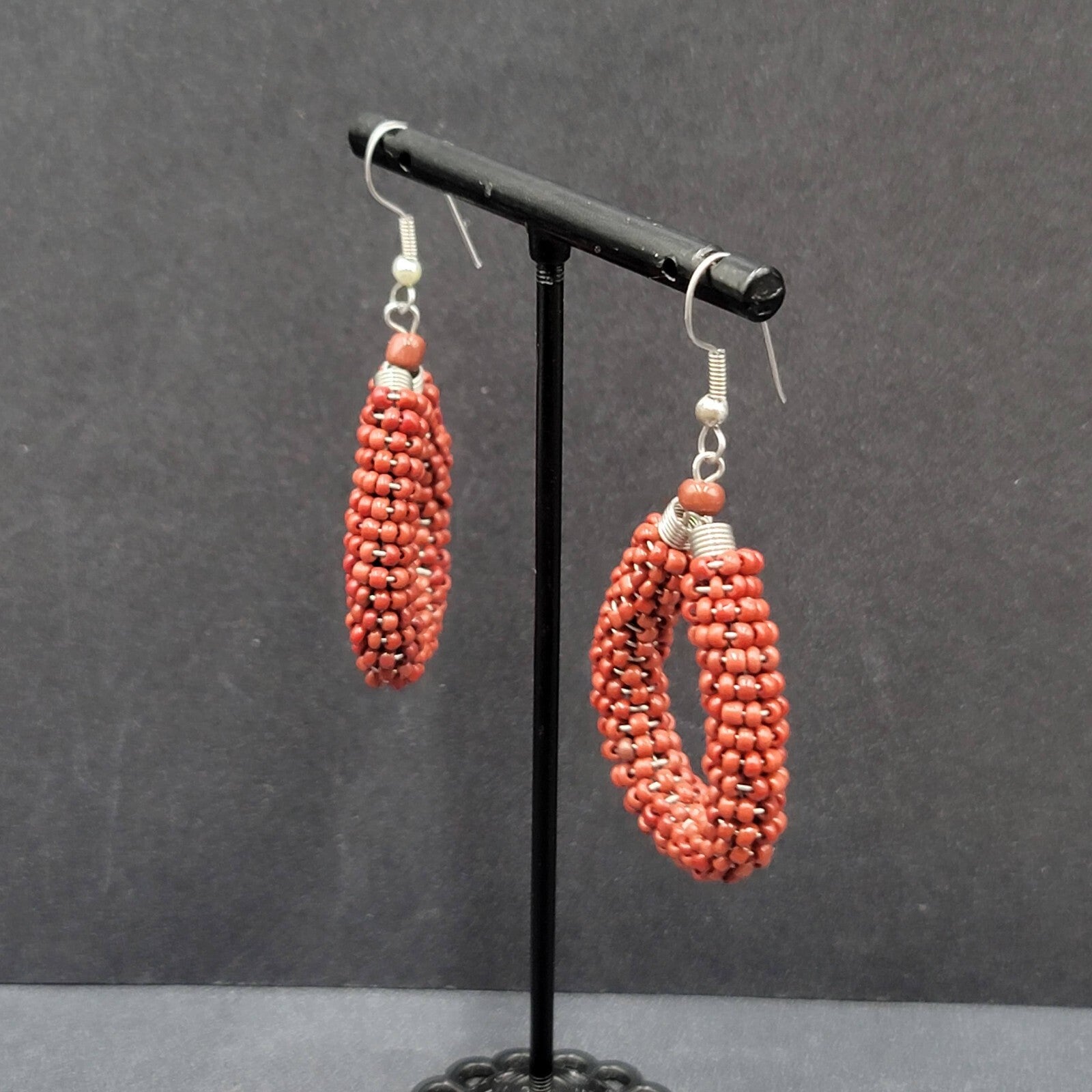Pierced Earrings Brown Seed Bead Teardrop Hoops Dangle Silver tone 1.5"