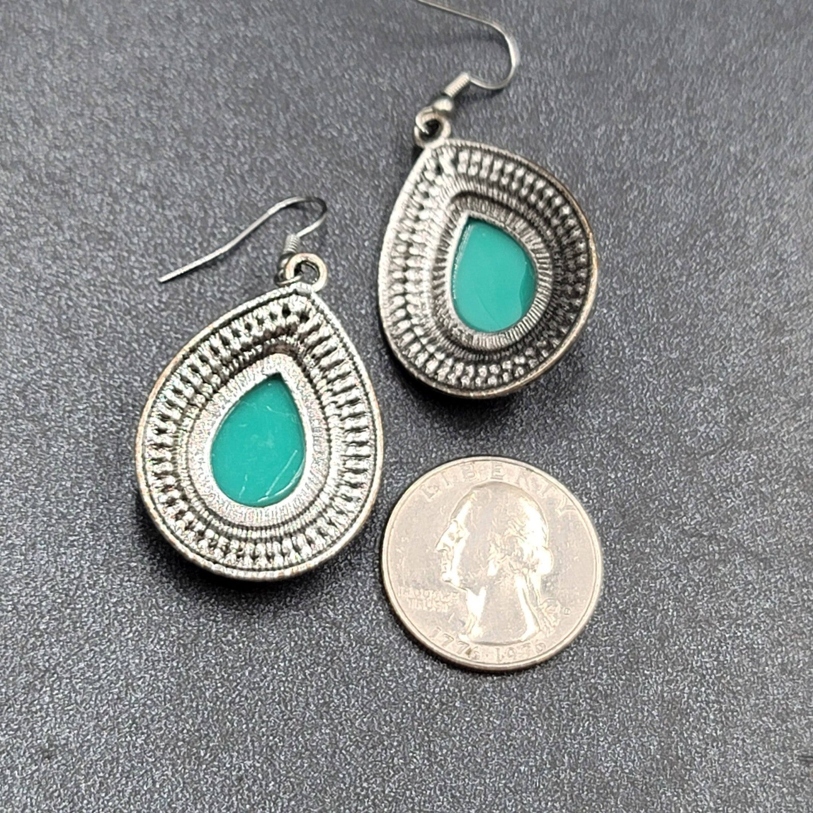 Pierced Earrings Silver tone Faux Resin Turquoise Blue Teardrop Dangle 1 3/8"