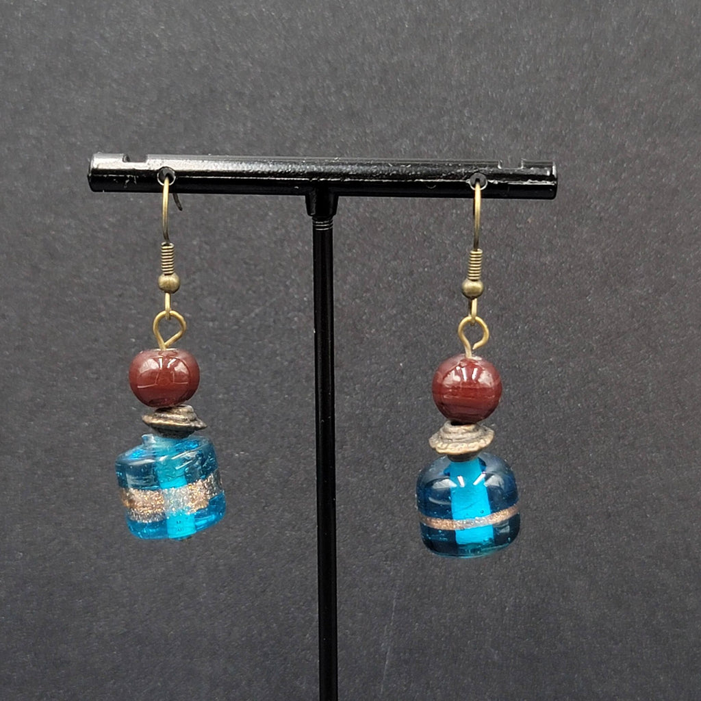Pierced Earrings Bronze tone Art Glass Blue Bead Dangle 1.25"