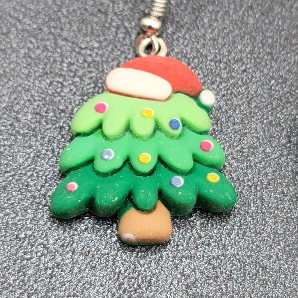 Christmas Tree Pierced Earrings Puffy 3D Dangle 1 1/8"