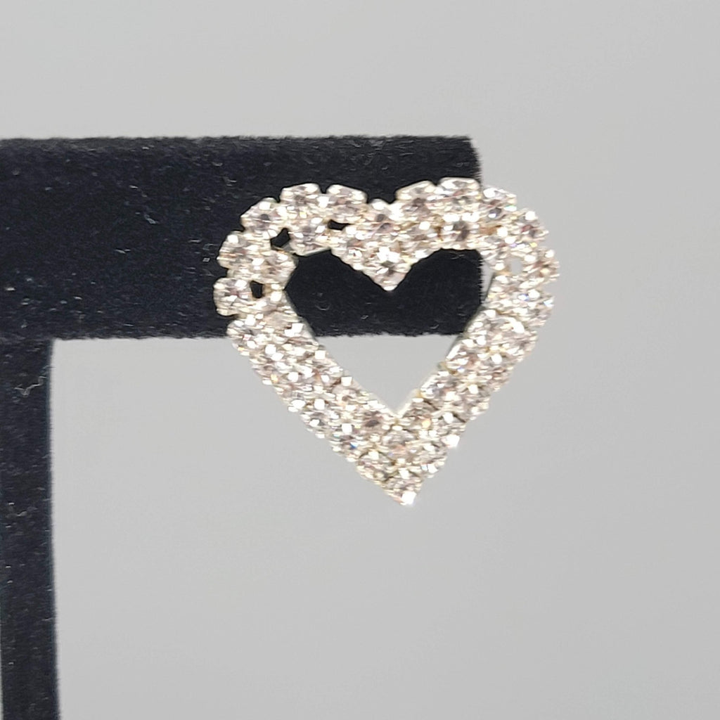 Rhinestone Open Heart Pierced Earrings Silver tone Drop 1 in