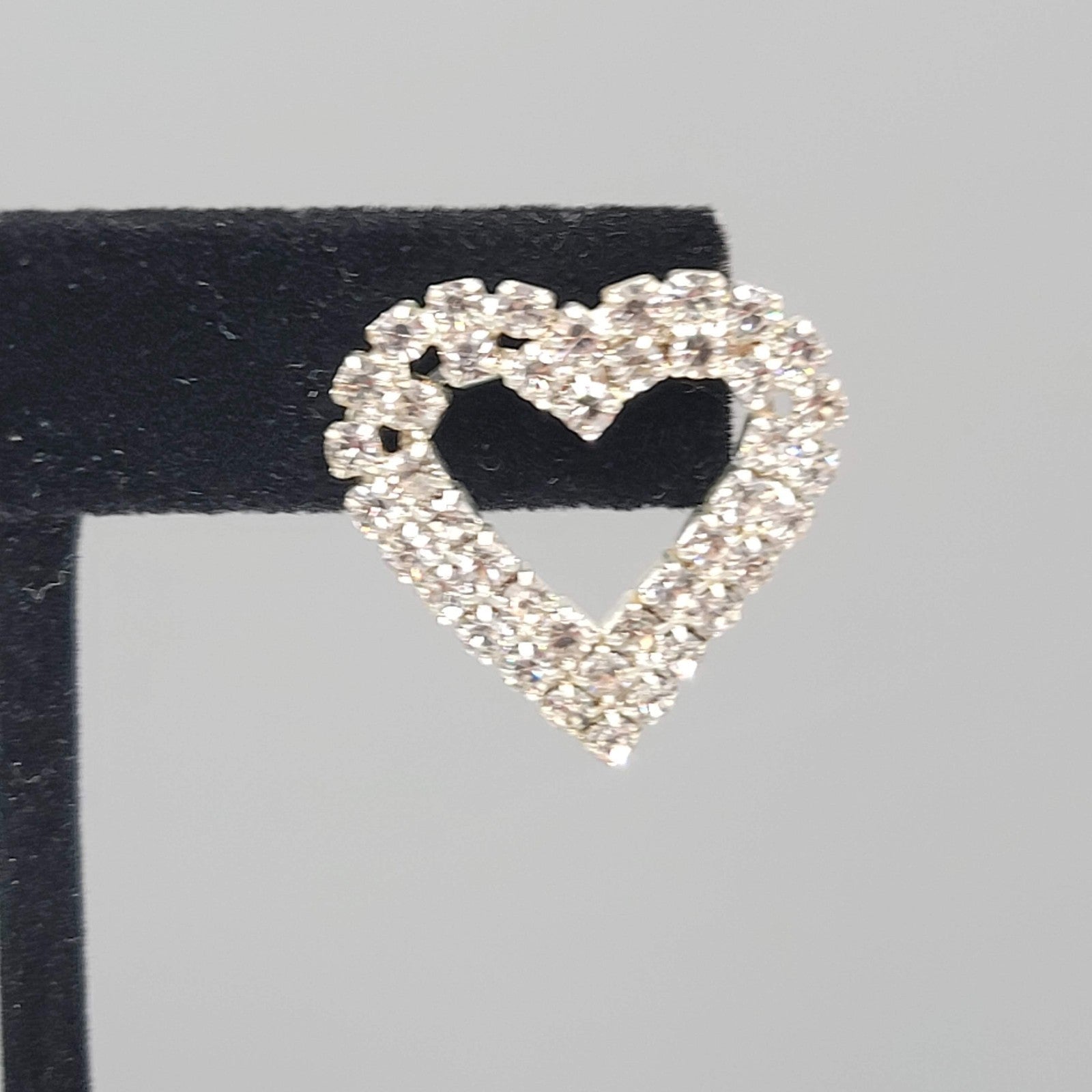 Rhinestone Open Heart Pierced Earrings Silver tone Drop 1 in