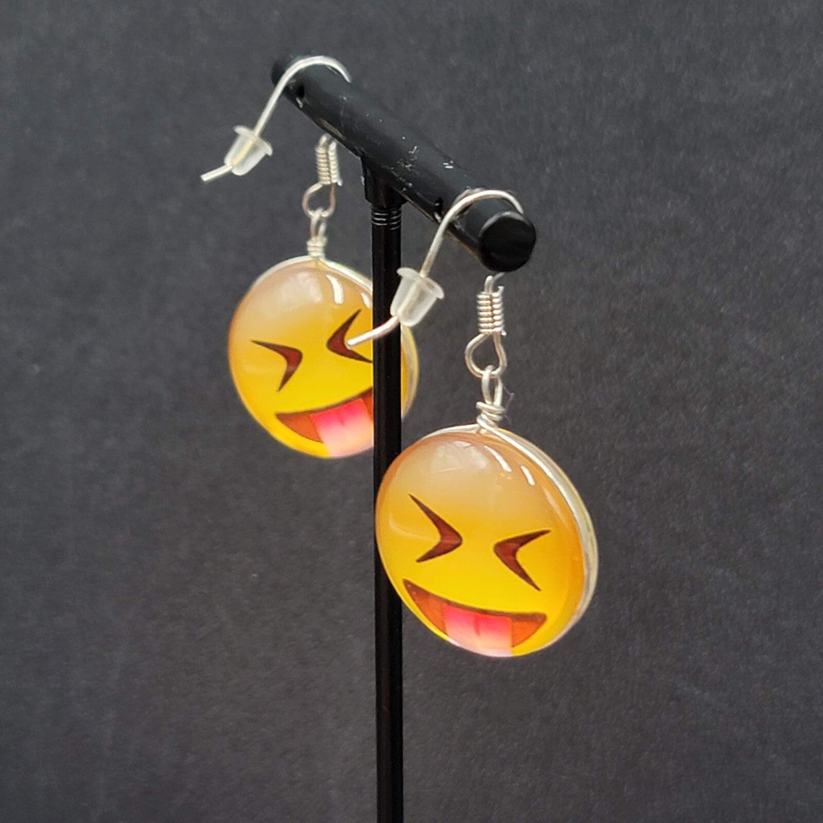 Pierced Earrings Glass Yellow Laughing Emoji Dangle 1"