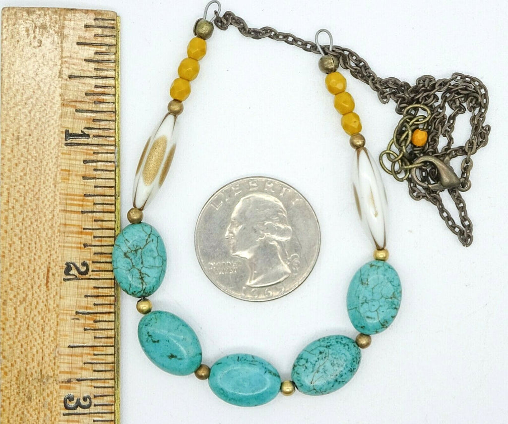 Boho Turquoise Stone Beaded Necklace Bronze tone Chain 20"