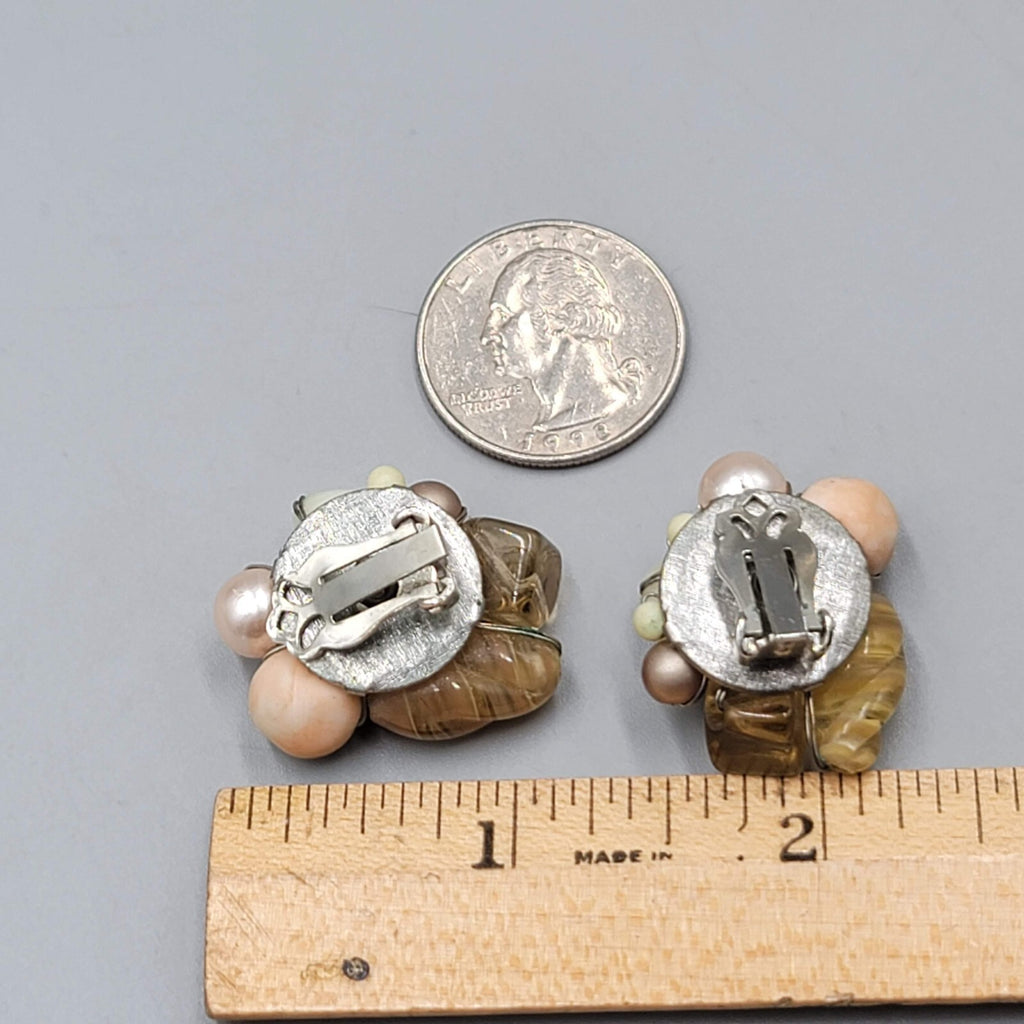 Vintage Cluster Bead Clip on Earrings Molded Glass Tans White 1 1/8"