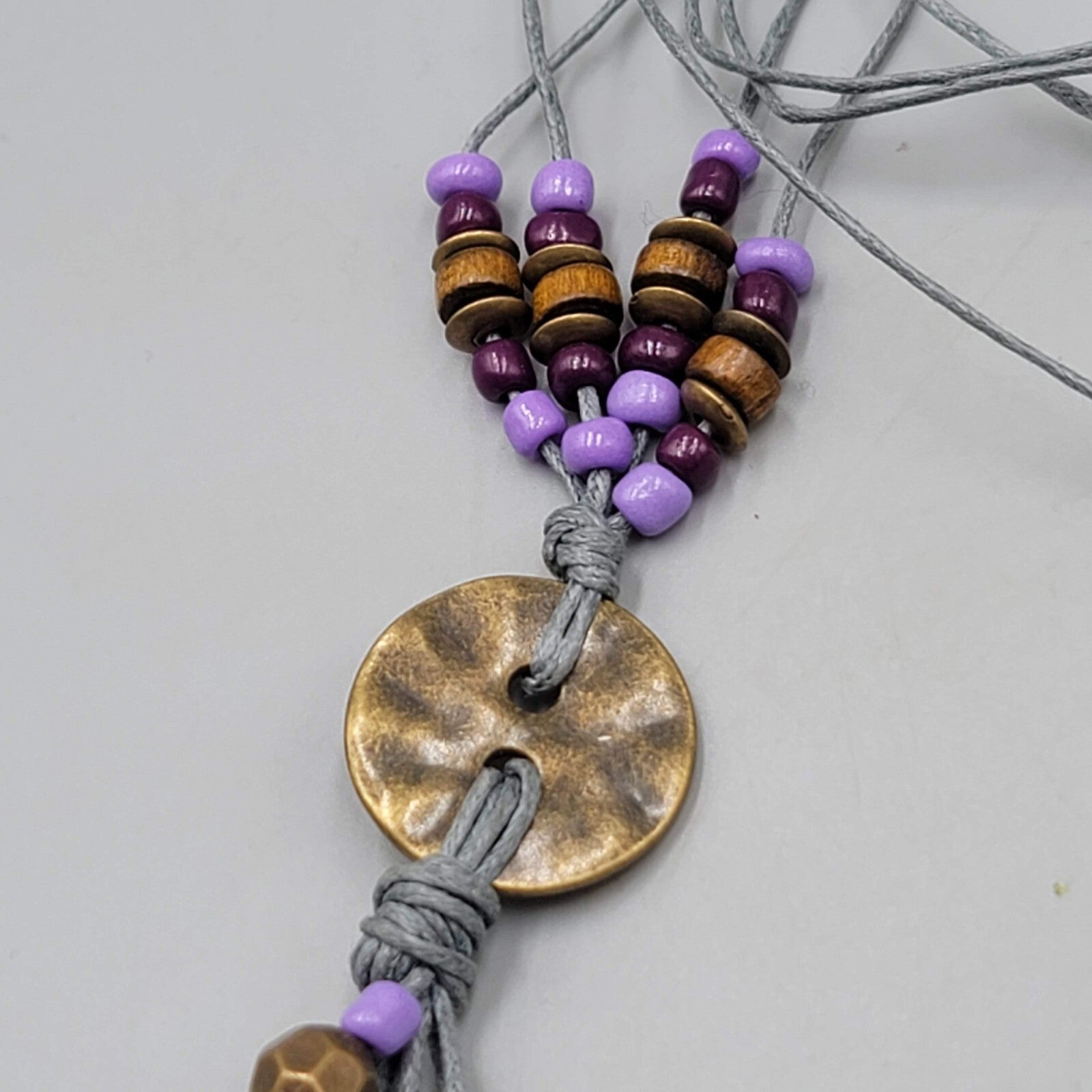 Long Charm Y Drop Necklace Bronze tone Purple Bead Gray Cord 32"