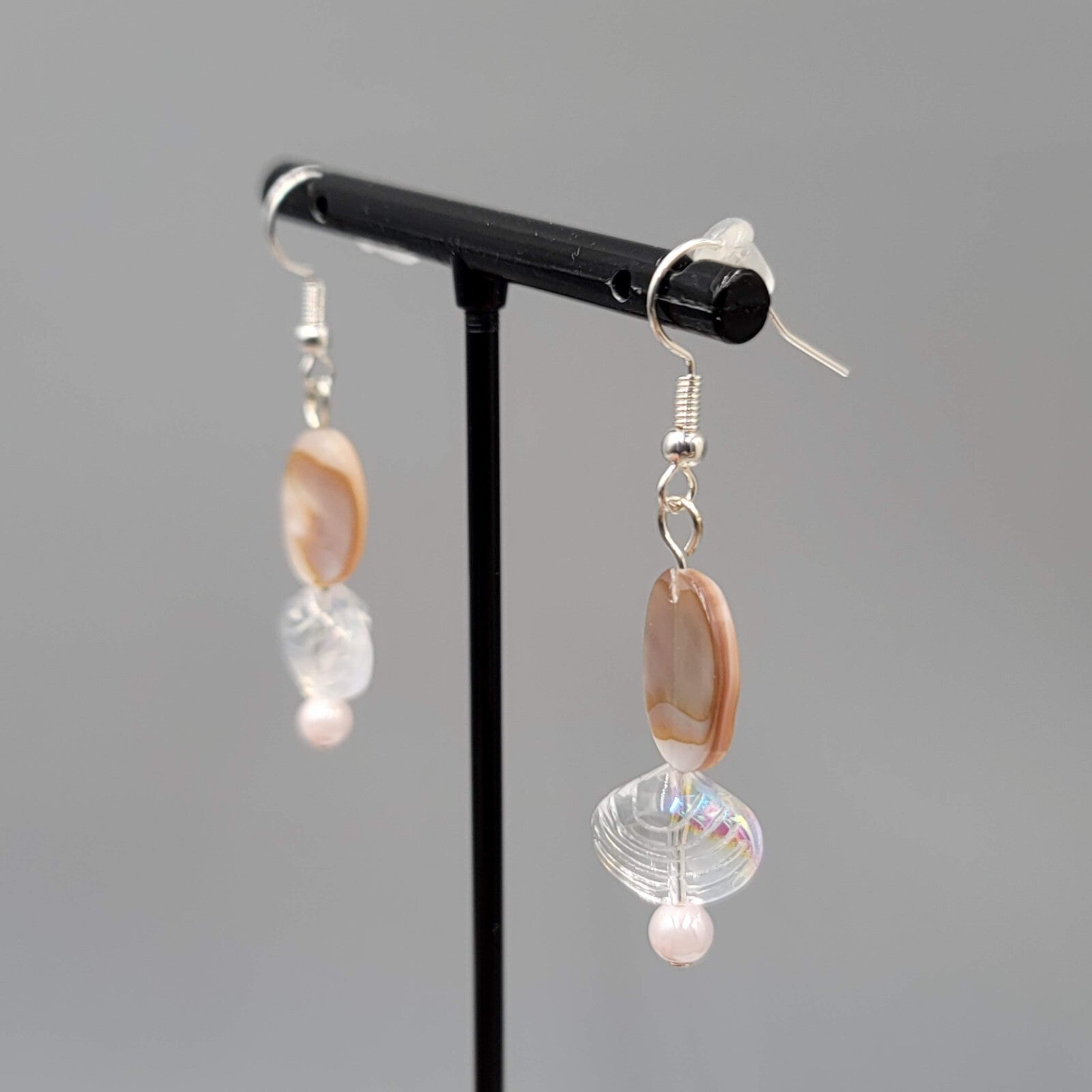 Shell Pierced Earrings Real Shell Glass Bead Dangle Silver tone 1.25"