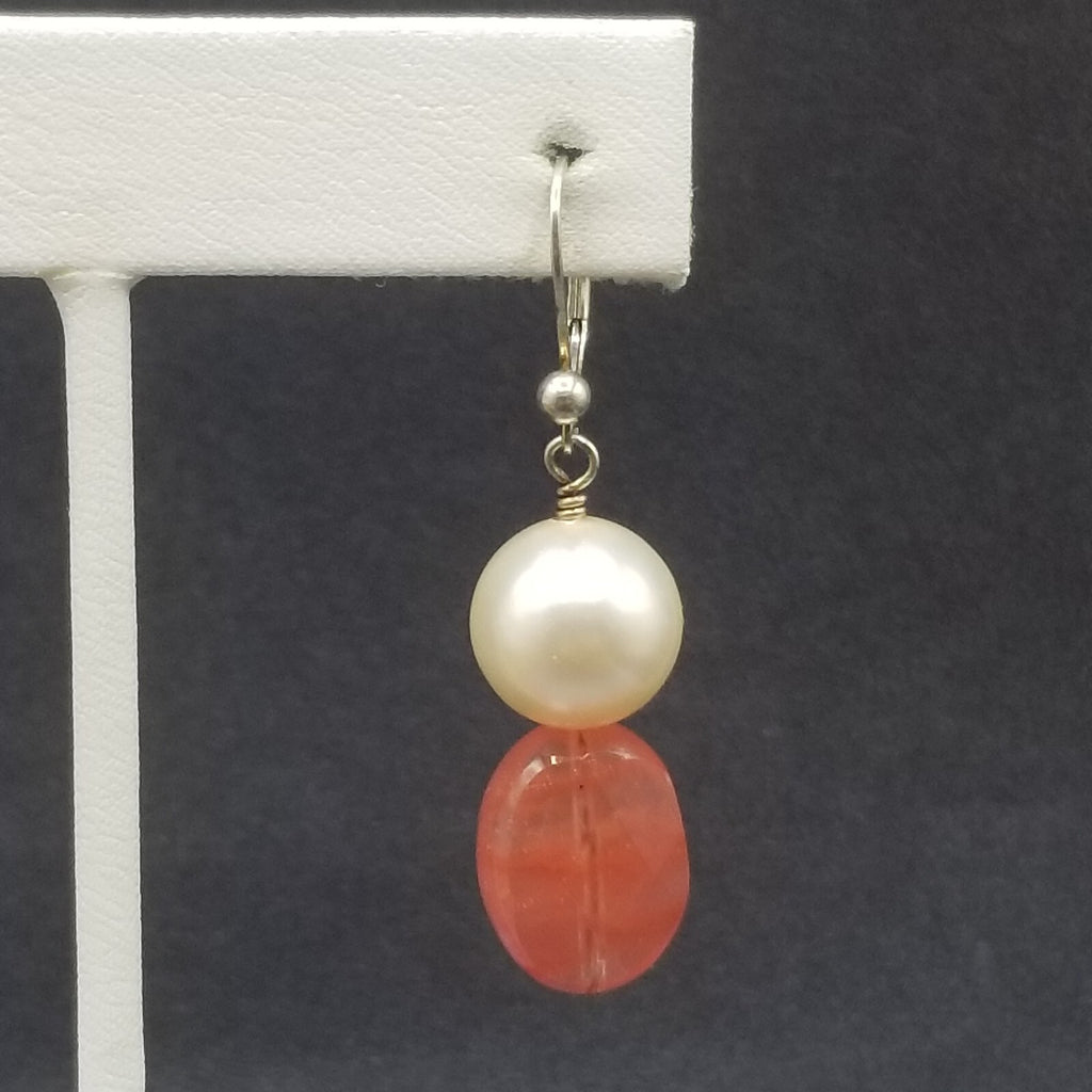 Pierced Earrings Silver tone Faux Pearl Faceted Quartz Beaded Dangle 1 1/4"