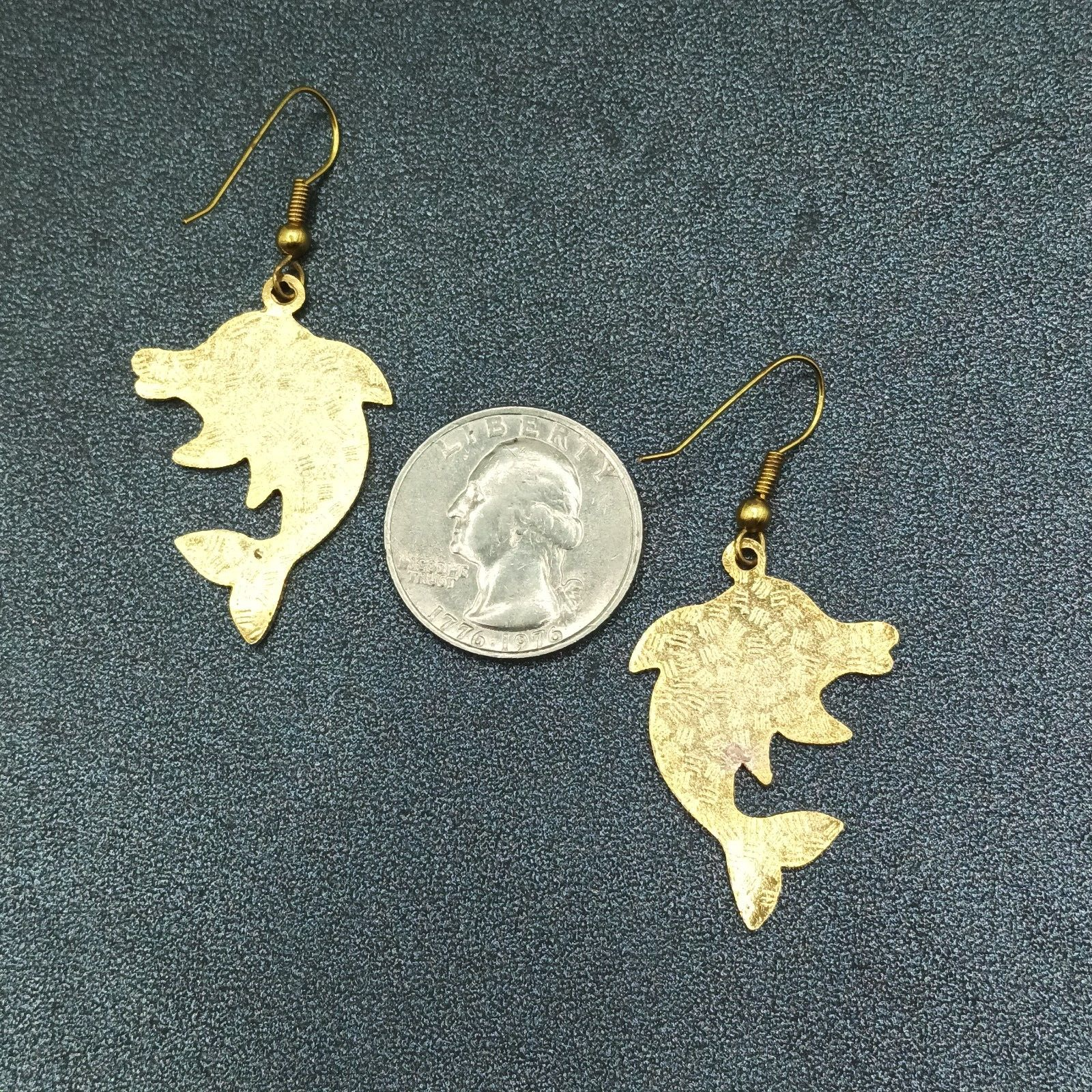Vintage Dolphin Pierced Earrings Gold tone Blue Orange Enamel Dangle 1 1/4"