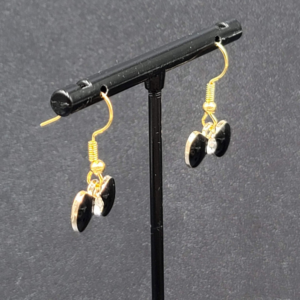 Bow Pierced Earrings Gold tone Crystal Black Enamel Dangle 3/8"