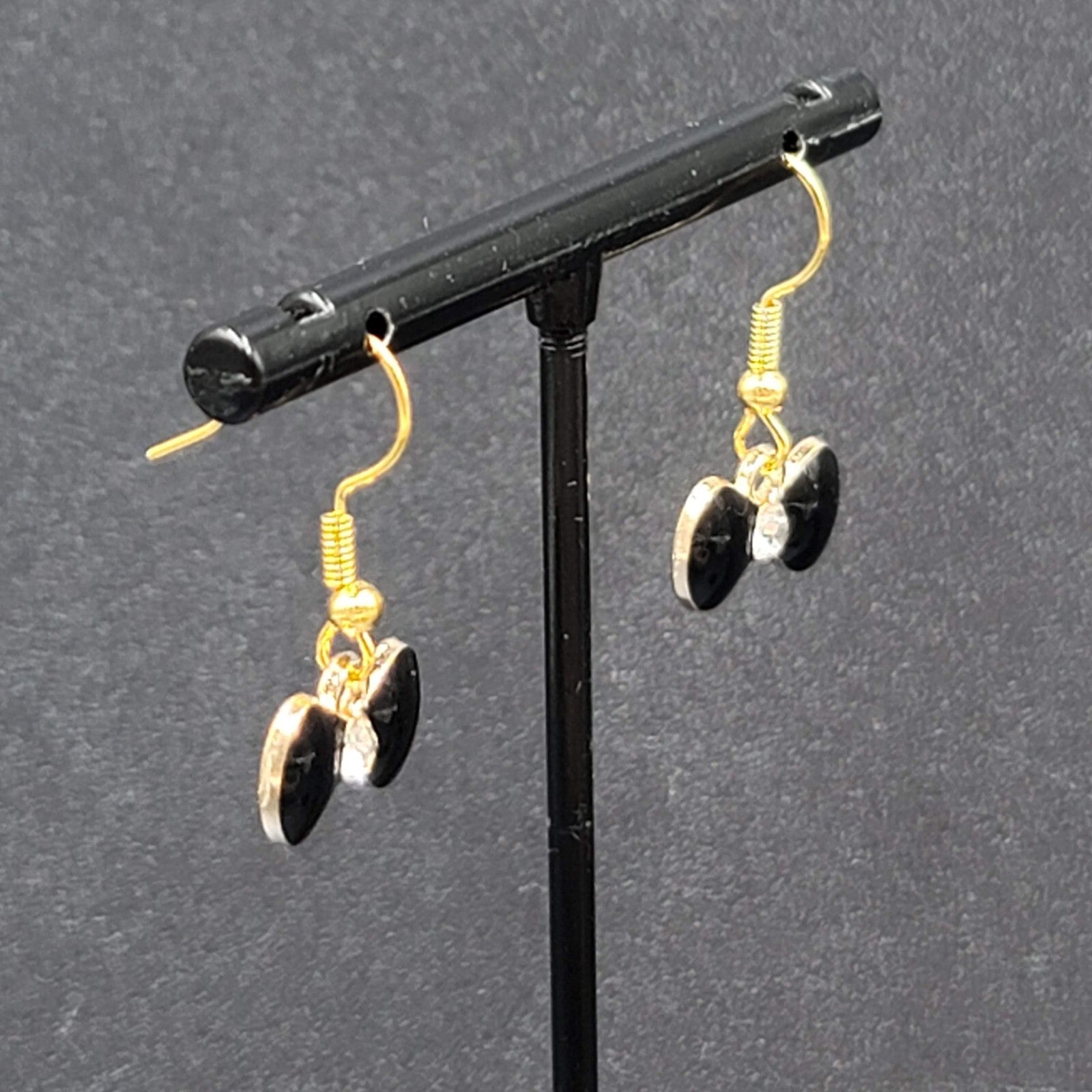 Bow Pierced Earrings Gold tone Crystal Black Enamel Dangle 3/8"