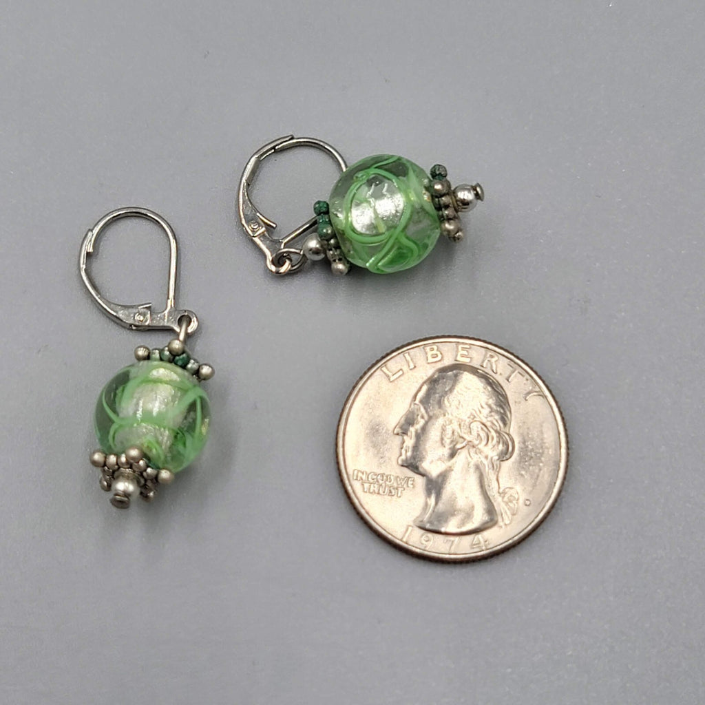 Green Swirl Glass Bead Pierced Earrings Silver tone Dangle 3/4"