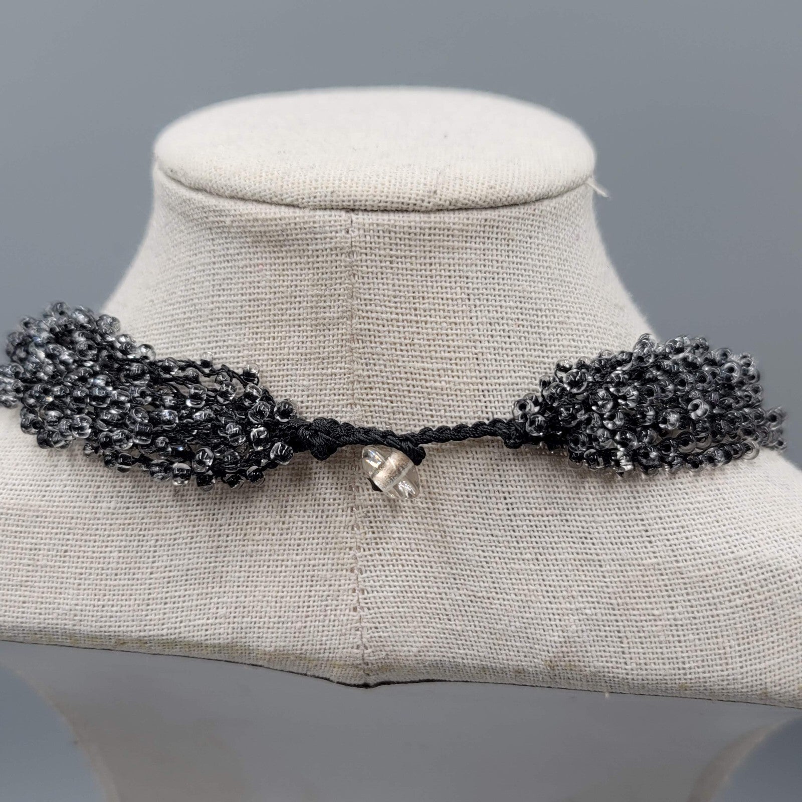 Multi Strand Black Bead Layered Necklace Button Closure 18"