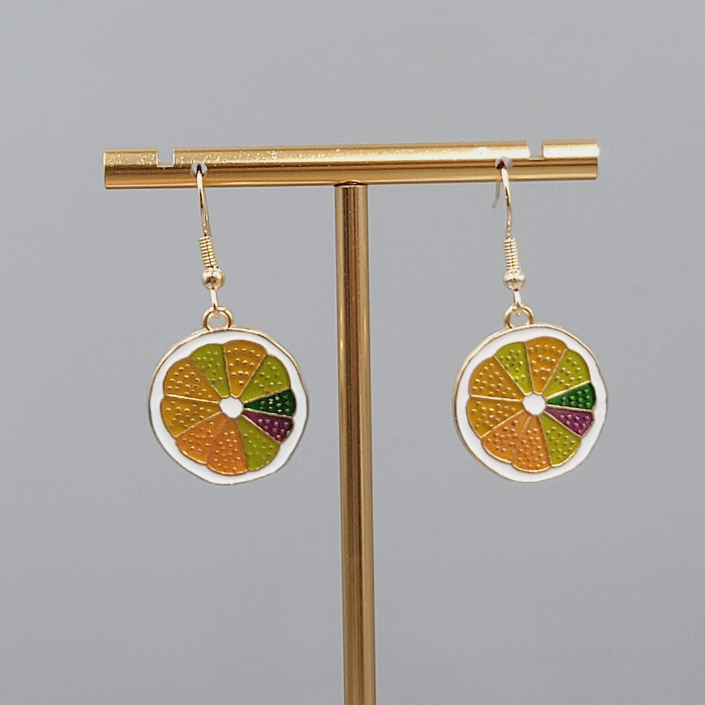 Citrus Fruit Slice Enamel Pierced Earrings Gold tone Dangle 3/4"