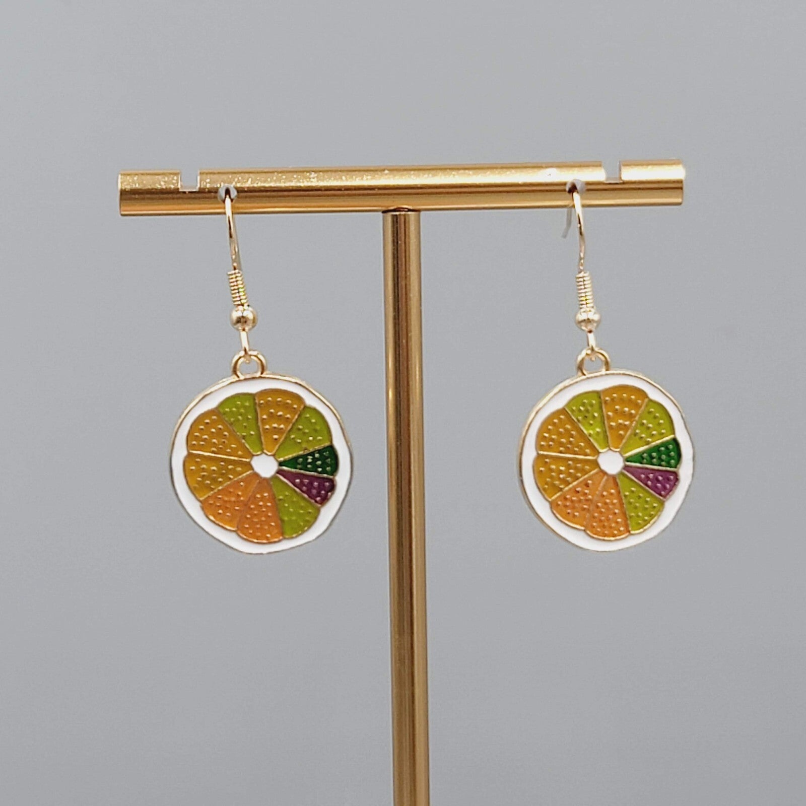 Citrus Fruit Slice Enamel Pierced Earrings Gold tone Dangle 3/4"