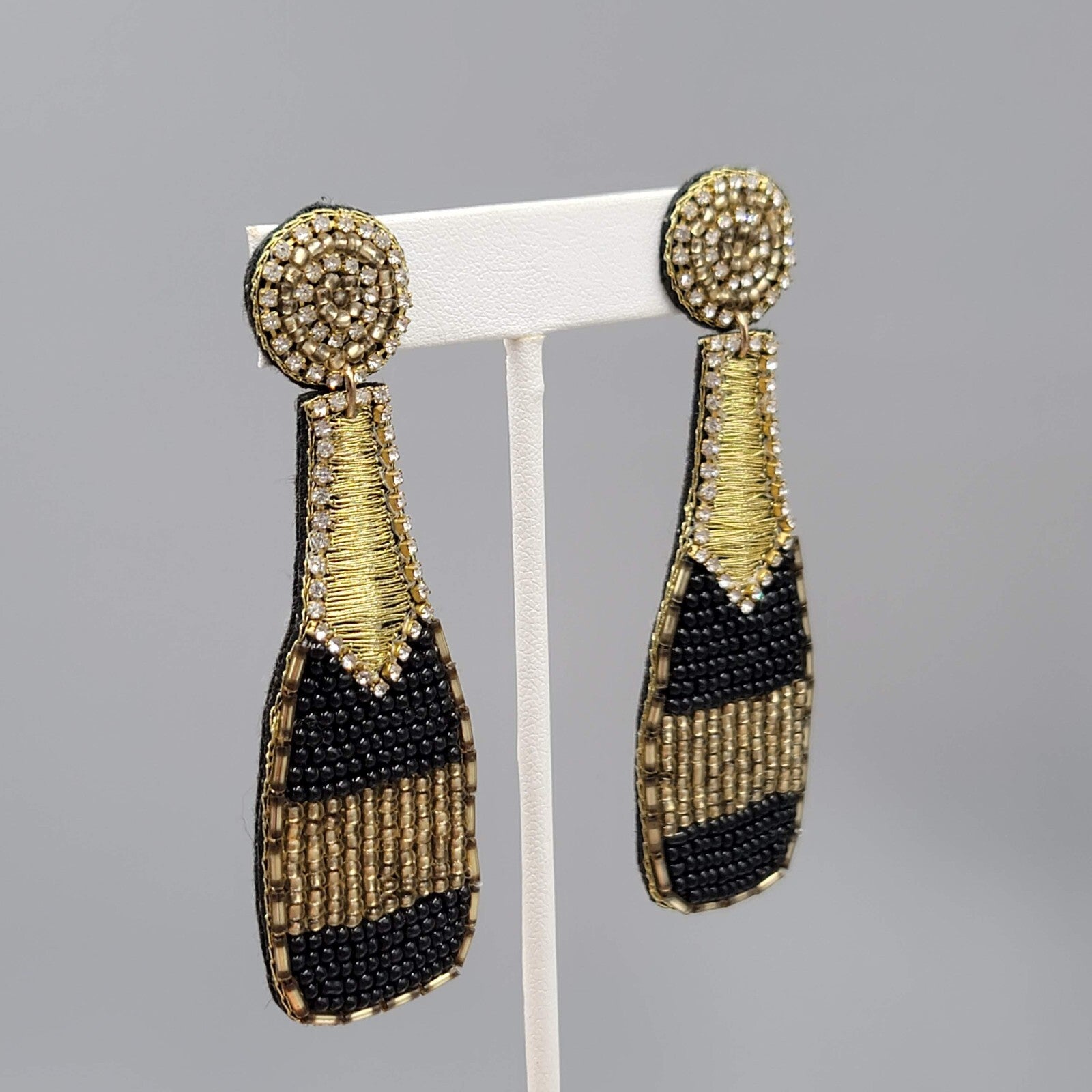 Champagne Bottle Pierced Earrings Seed Bead Felt Long Statement 3.25"