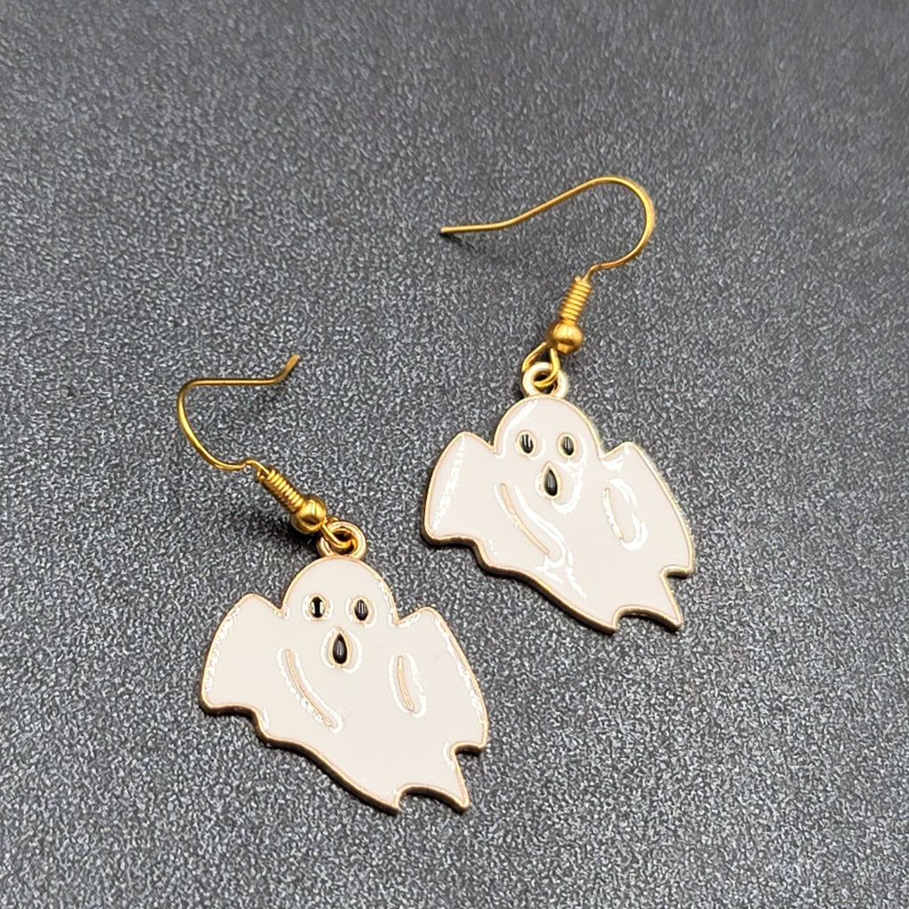Halloween Spooky White Ghost Pierced Earrings Gold tone Enamel Dangle 1"