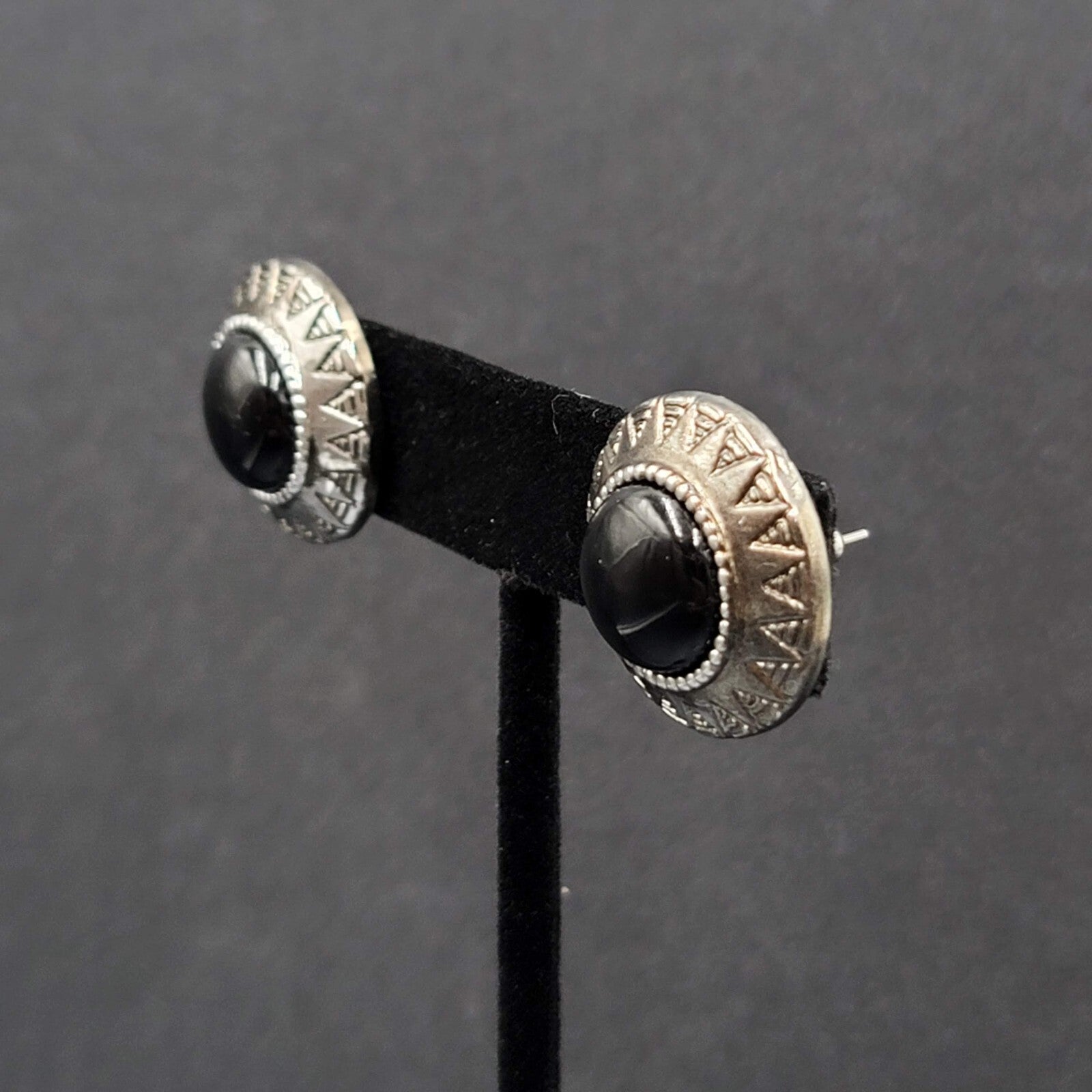 Vintage Pierced Earrings Silver tone Black Acrylic Cabochon Round Studs 1"