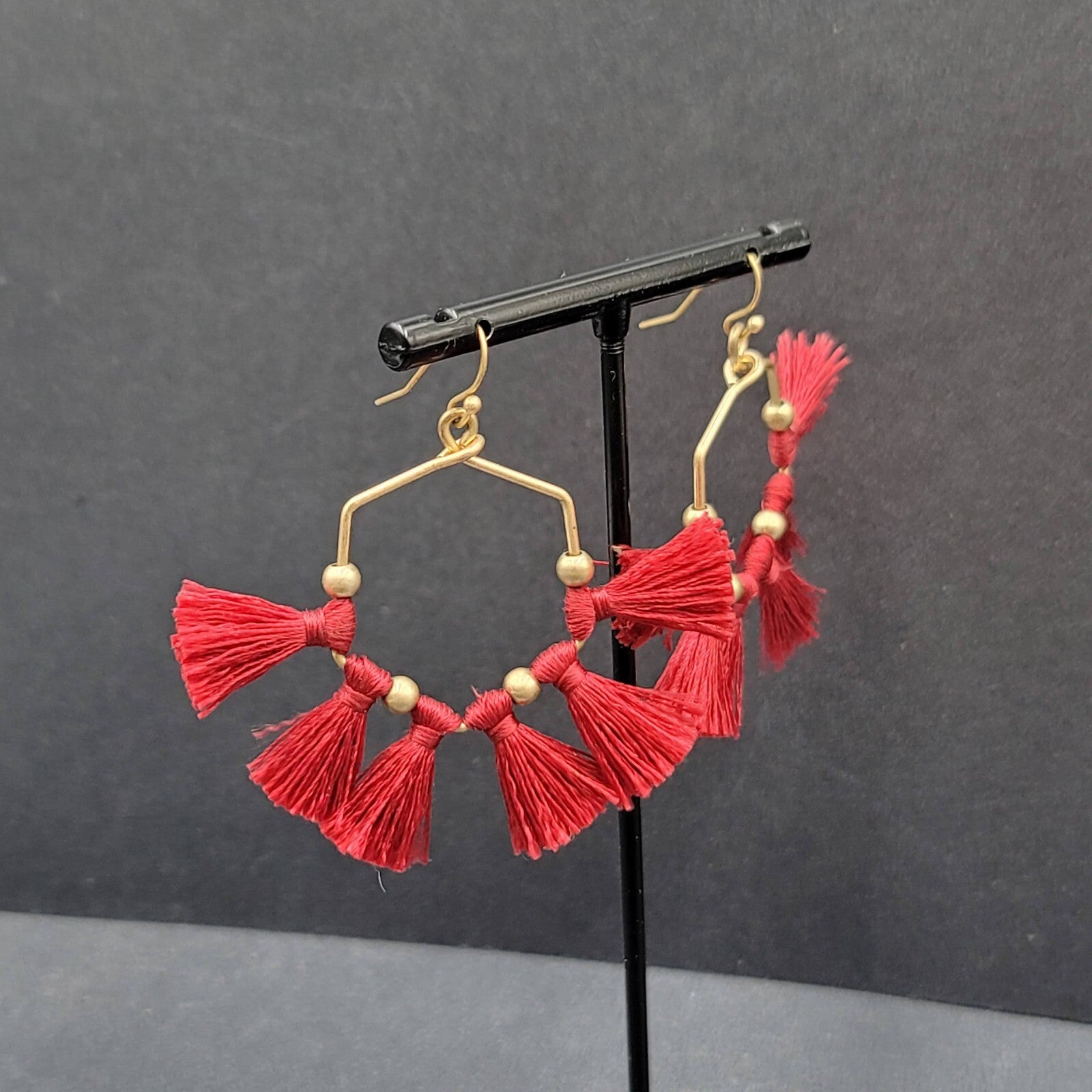 Pierced Earrings Gold tone Red Tassel Fun Fashion Statement Dangle 2"