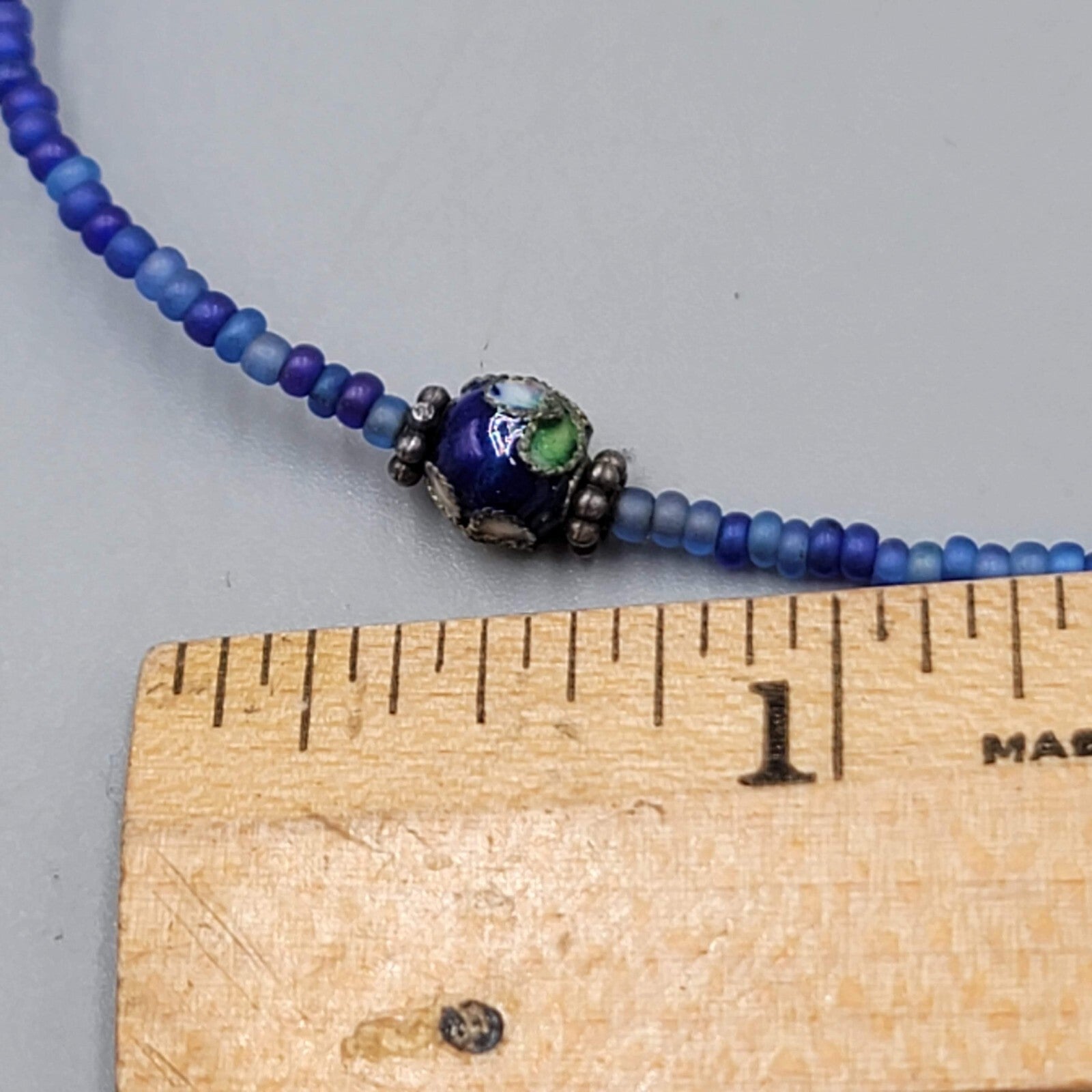 Cloisonne Bead Necklace Blue Seed Bead Minimalist 22"