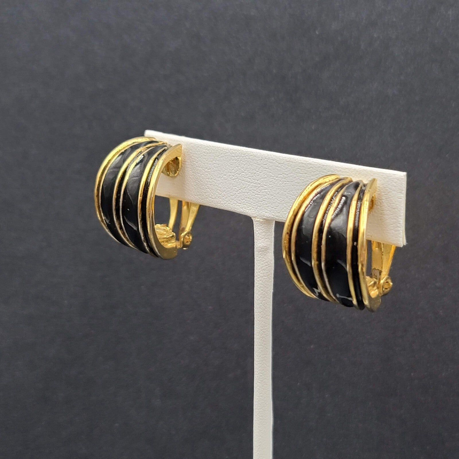 Vintage Clip on Earrings Large Gold Plated Black Enamel Drop Half Hoops 1"