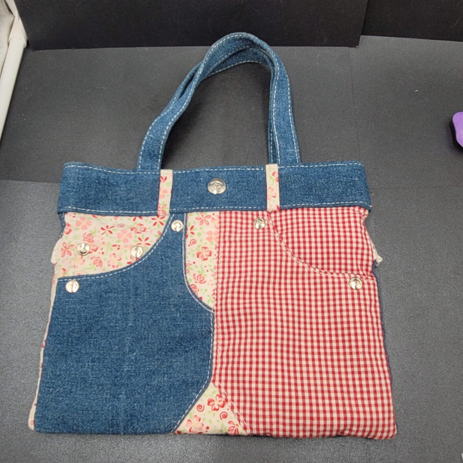 Vintage Denim Purse Red White Plaid Flowers 9.25" x 7.75" Toy