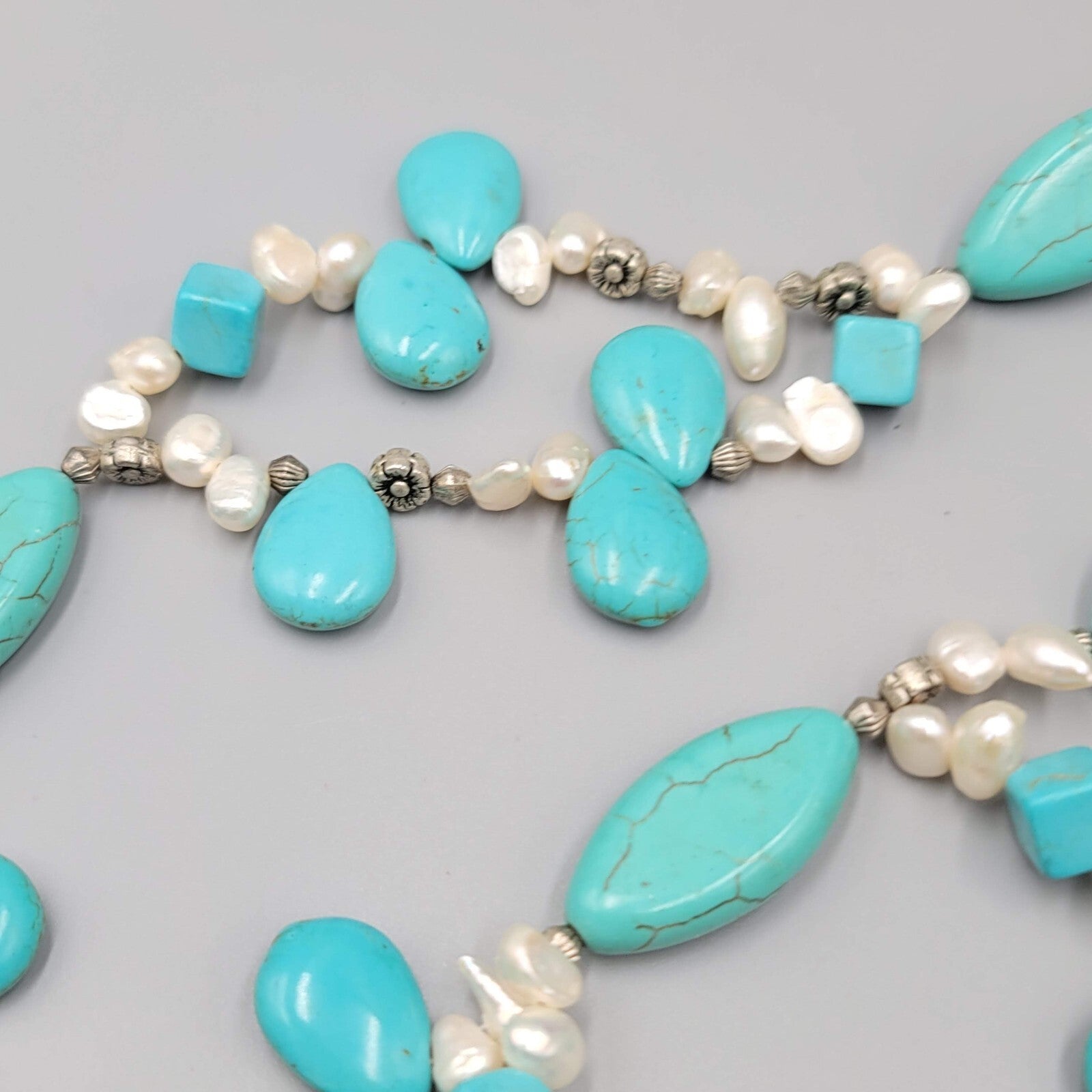 Large Statement Stone Bead Necklace Blue Dyed Howlite Pearl Silver tone Toggle