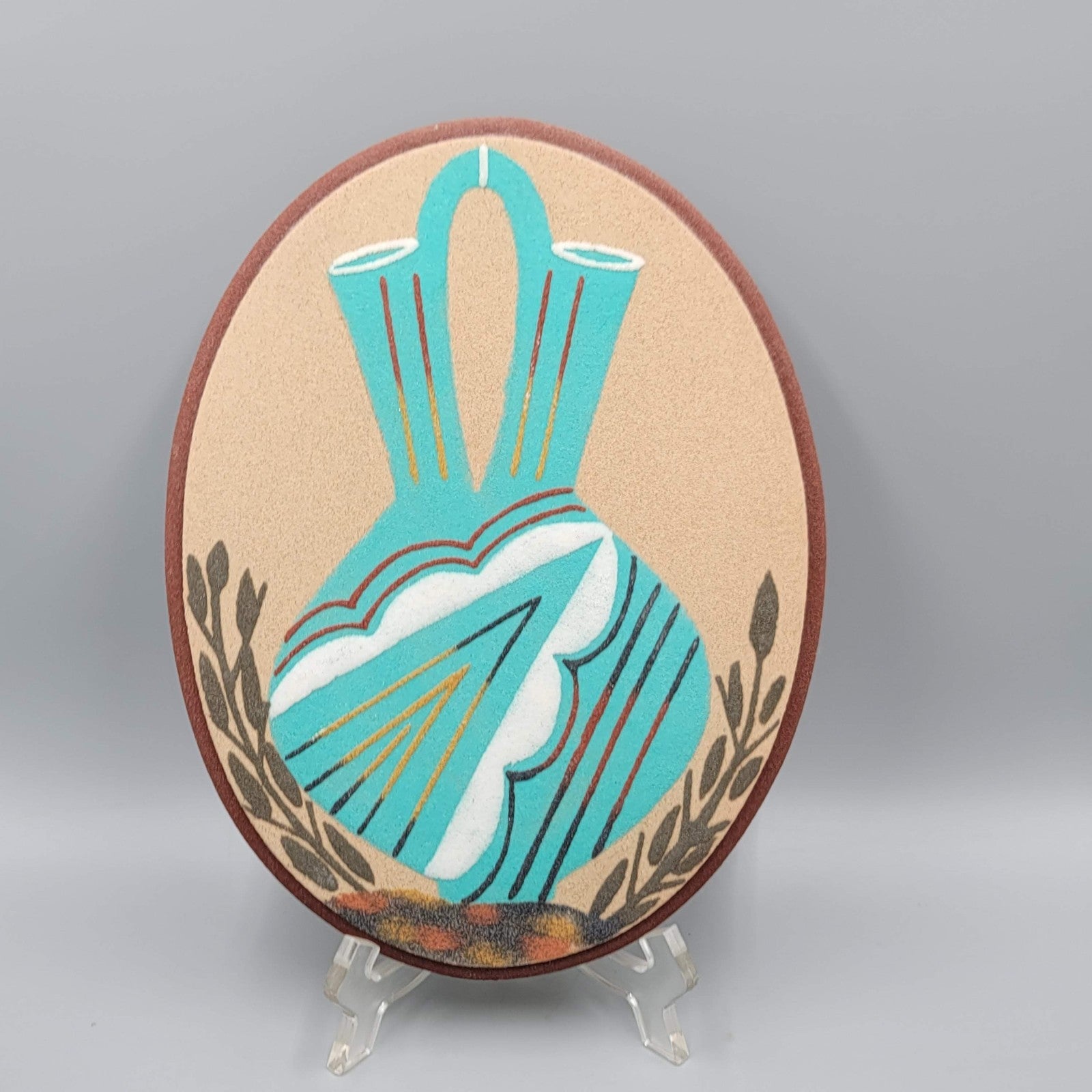Vintage Navajo Sand Art Native American Sand Painting Oval  Wedding Vase