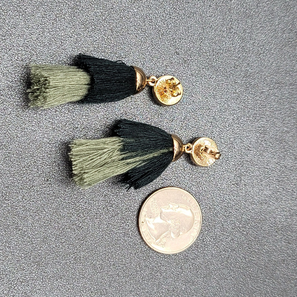 Pierced Earrings Gold tone Green Tassel Faux Druzy Dangle 2.25"