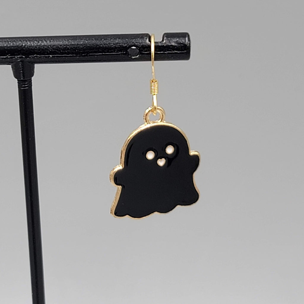 Black Enamel Ghost Pierced Earrings Dangle Gold tone Halloween Cute 7/8"