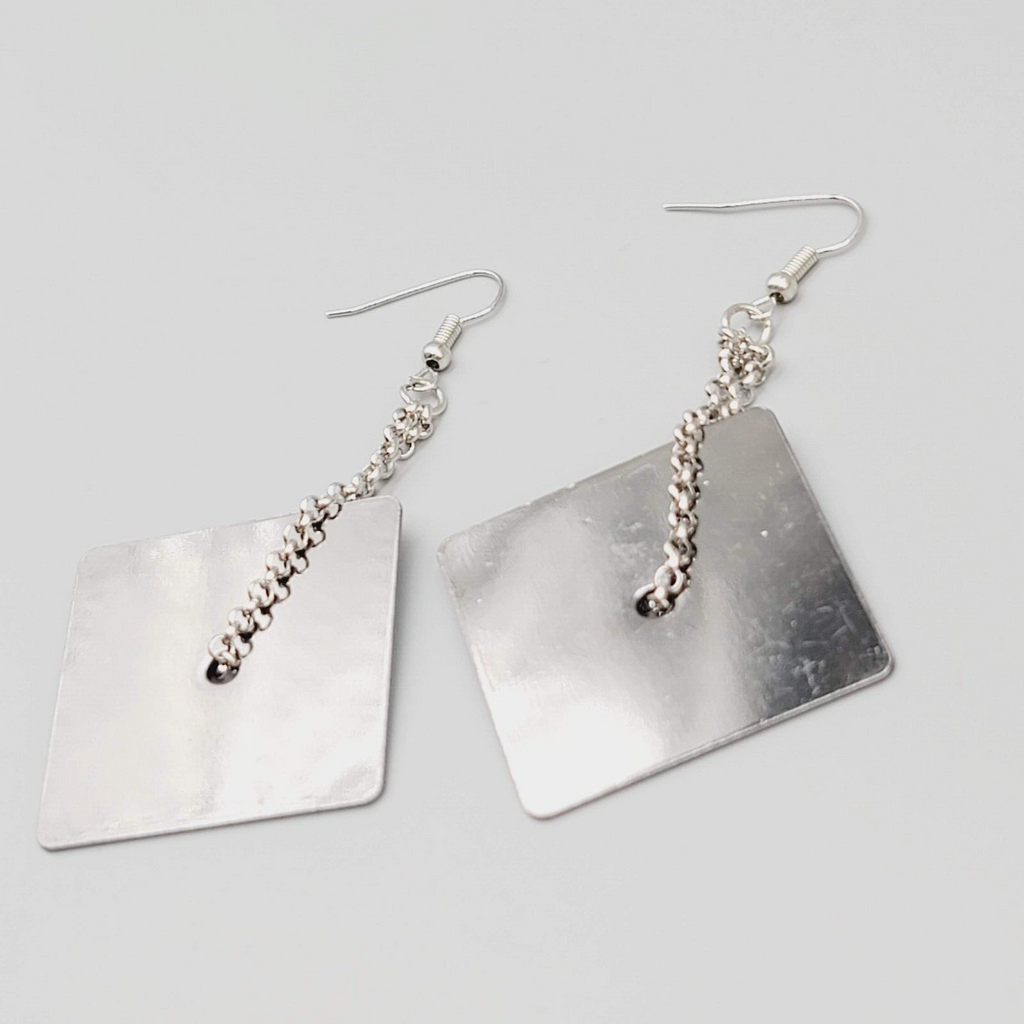 Pierced Earrings Silver tone Chain Black Metal Square Dangle Unique 2.5"