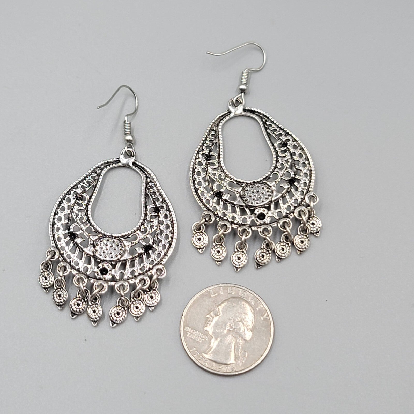 Chandelier Pierced Earrings Silver tone Yellow Accent Dangle 2"