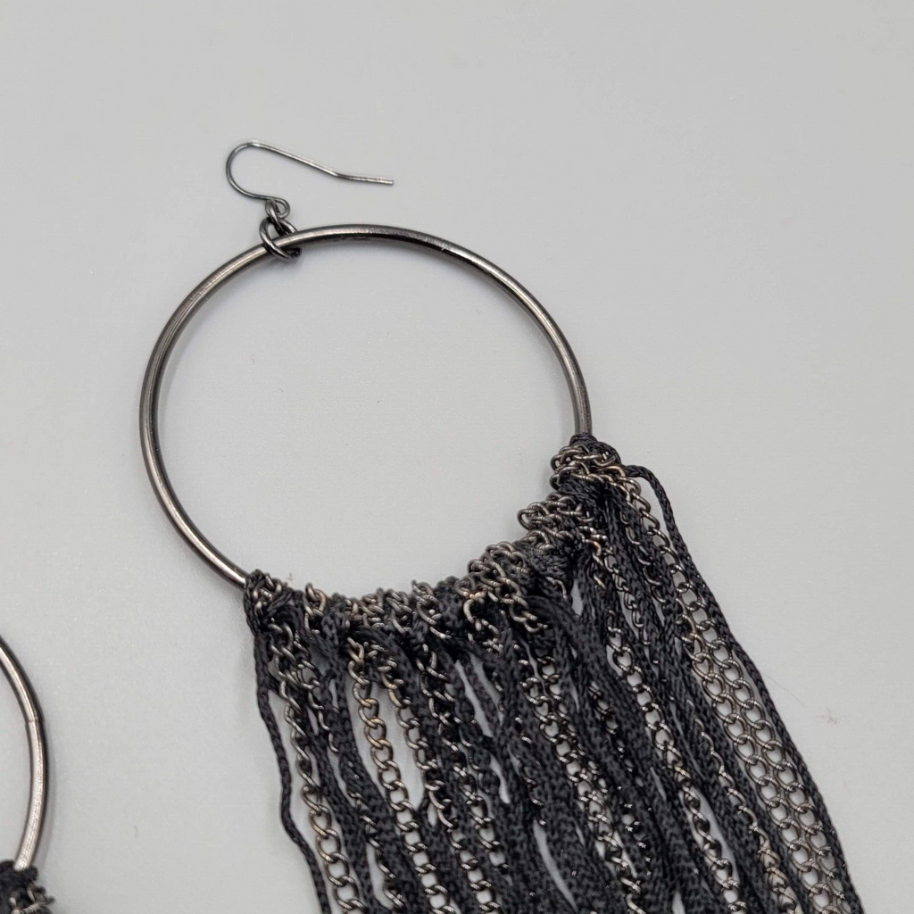 LONG Statement Pierced Earrings Black Silver tone Chains Punk Rock 6"
