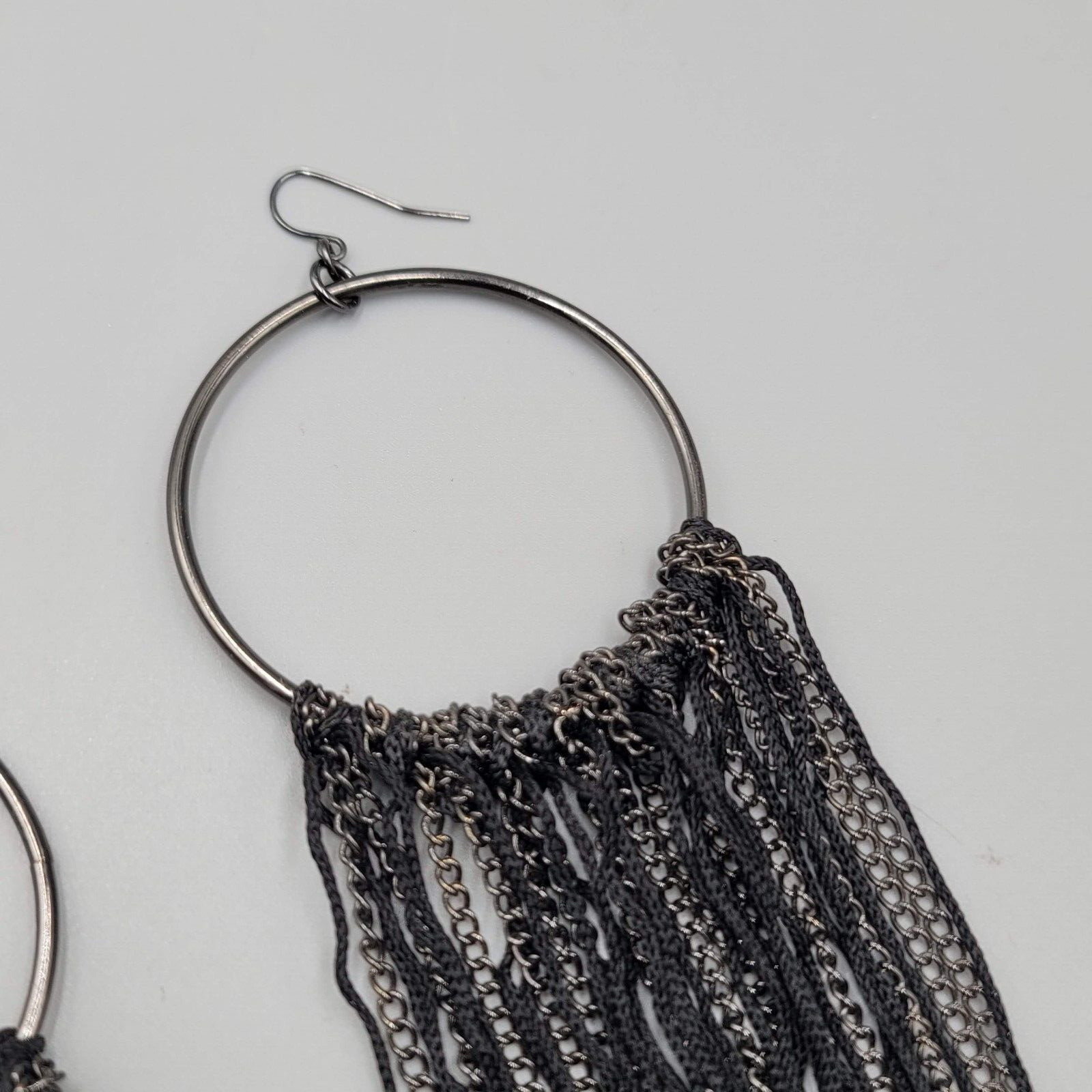 LONG Statement Pierced Earrings Black Silver tone Chains Punk Rock 6"